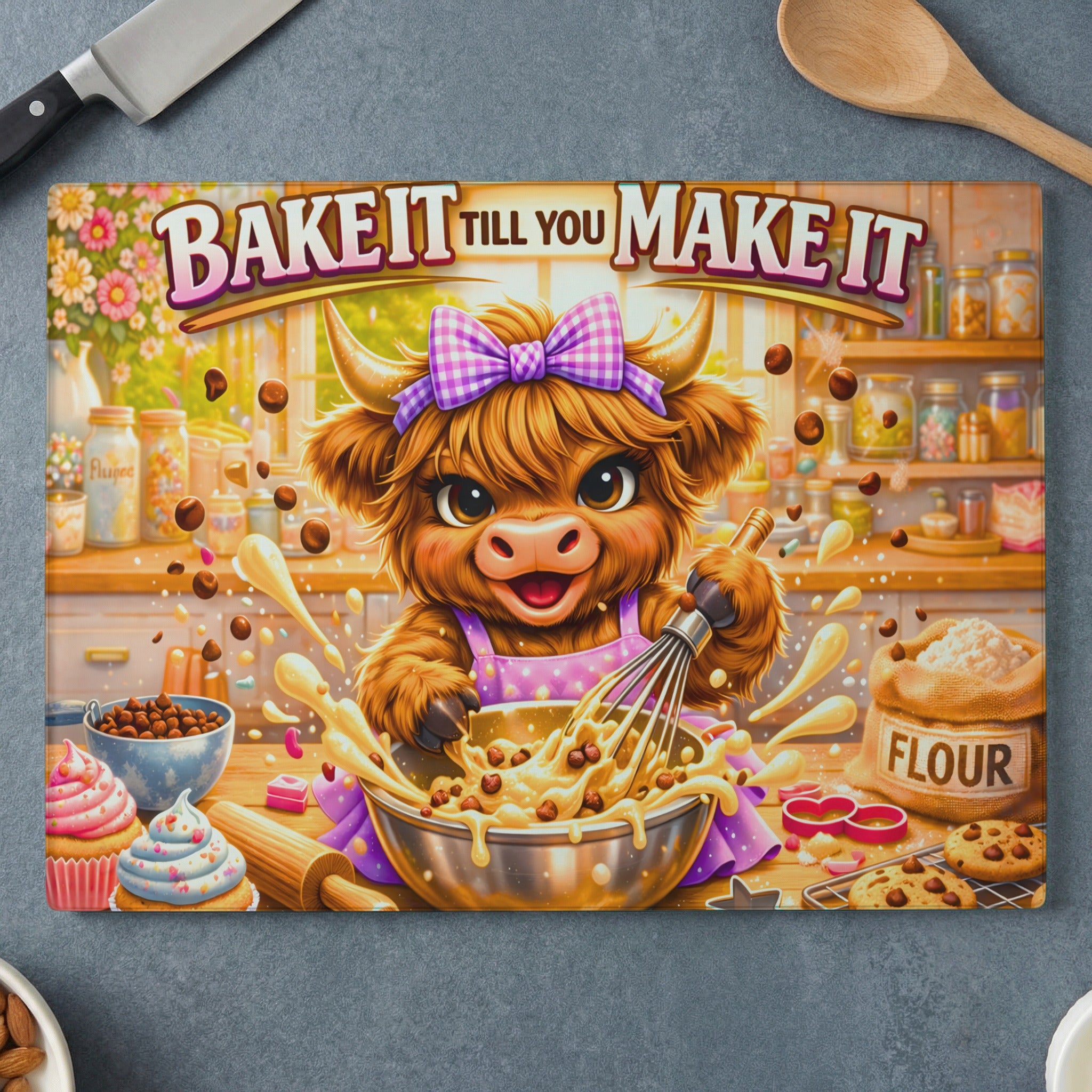 Young Highland cow with bow bakes in kitchen, "Bake it Till You Make It" text.