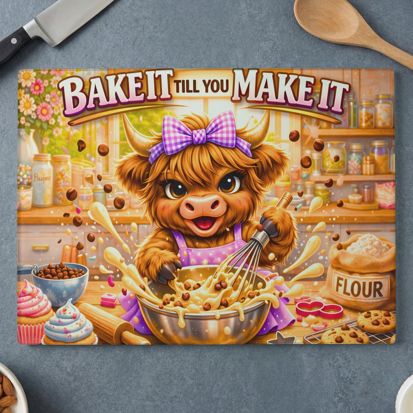 Young Highland cow with bow bakes in kitchen, "Bake it Till You Make It" text.