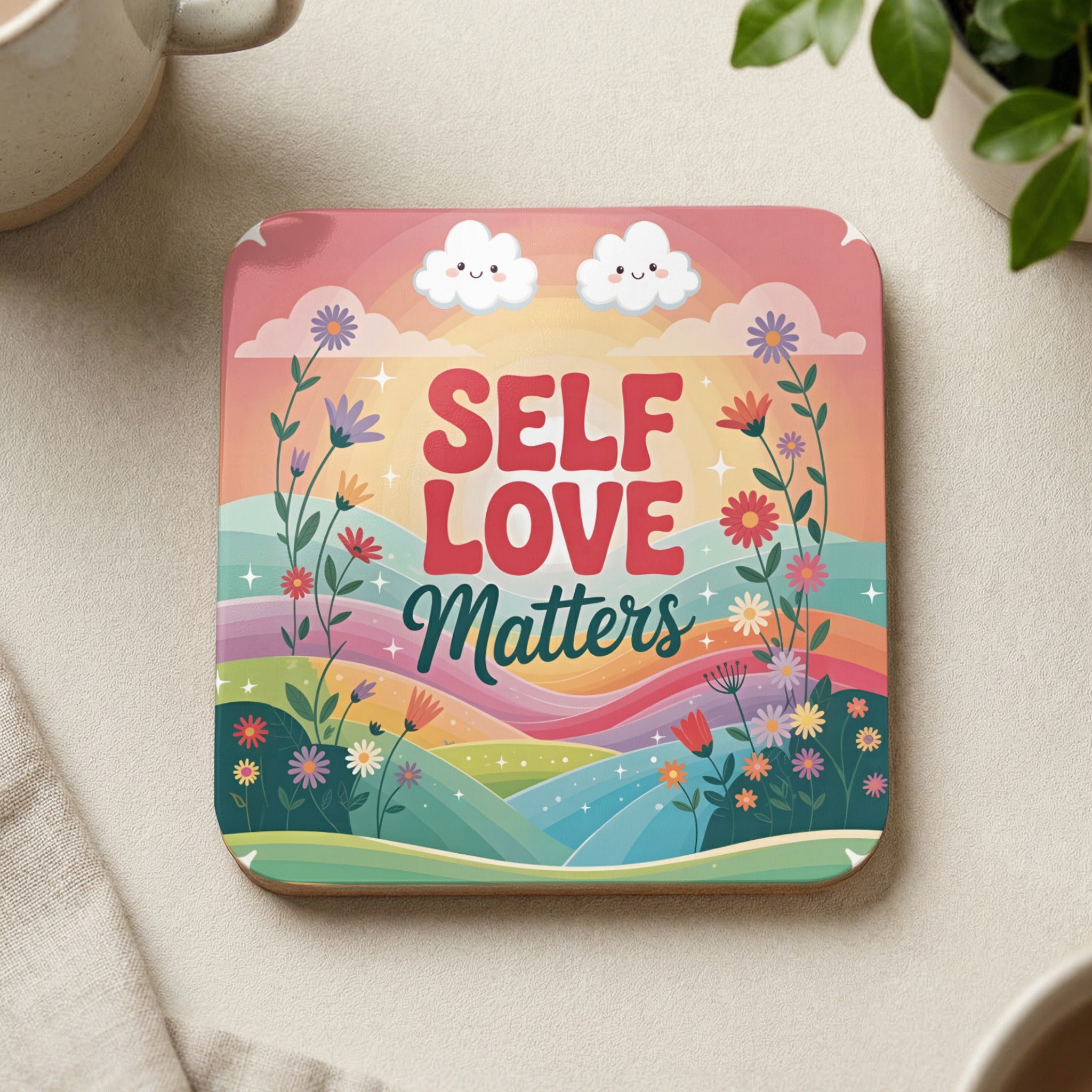 Coaster with "Self Love Matters" text and colorful rainbow hills with flowers.