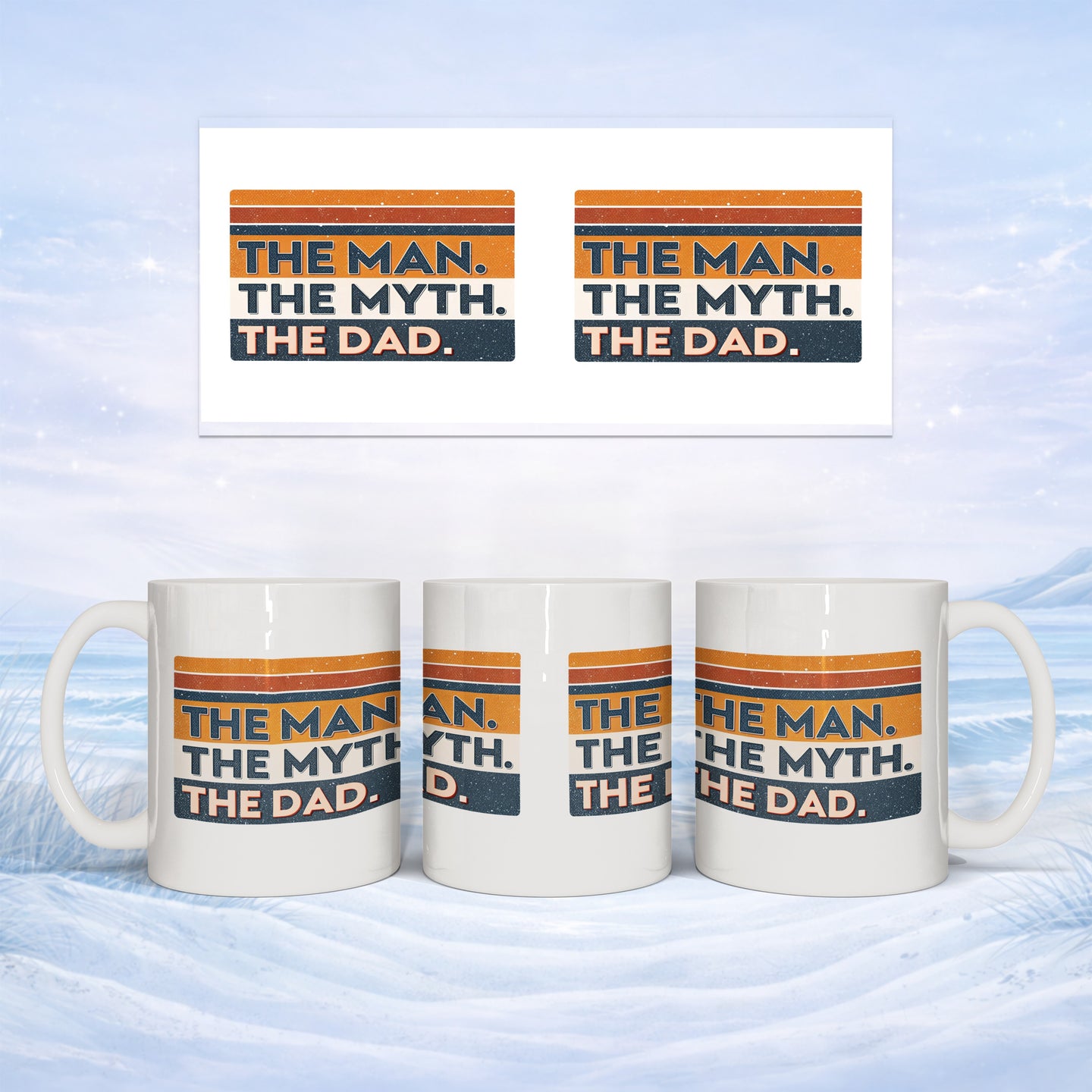 Mugs with "The Man. The Myth. The Dad." text on a snowy background.