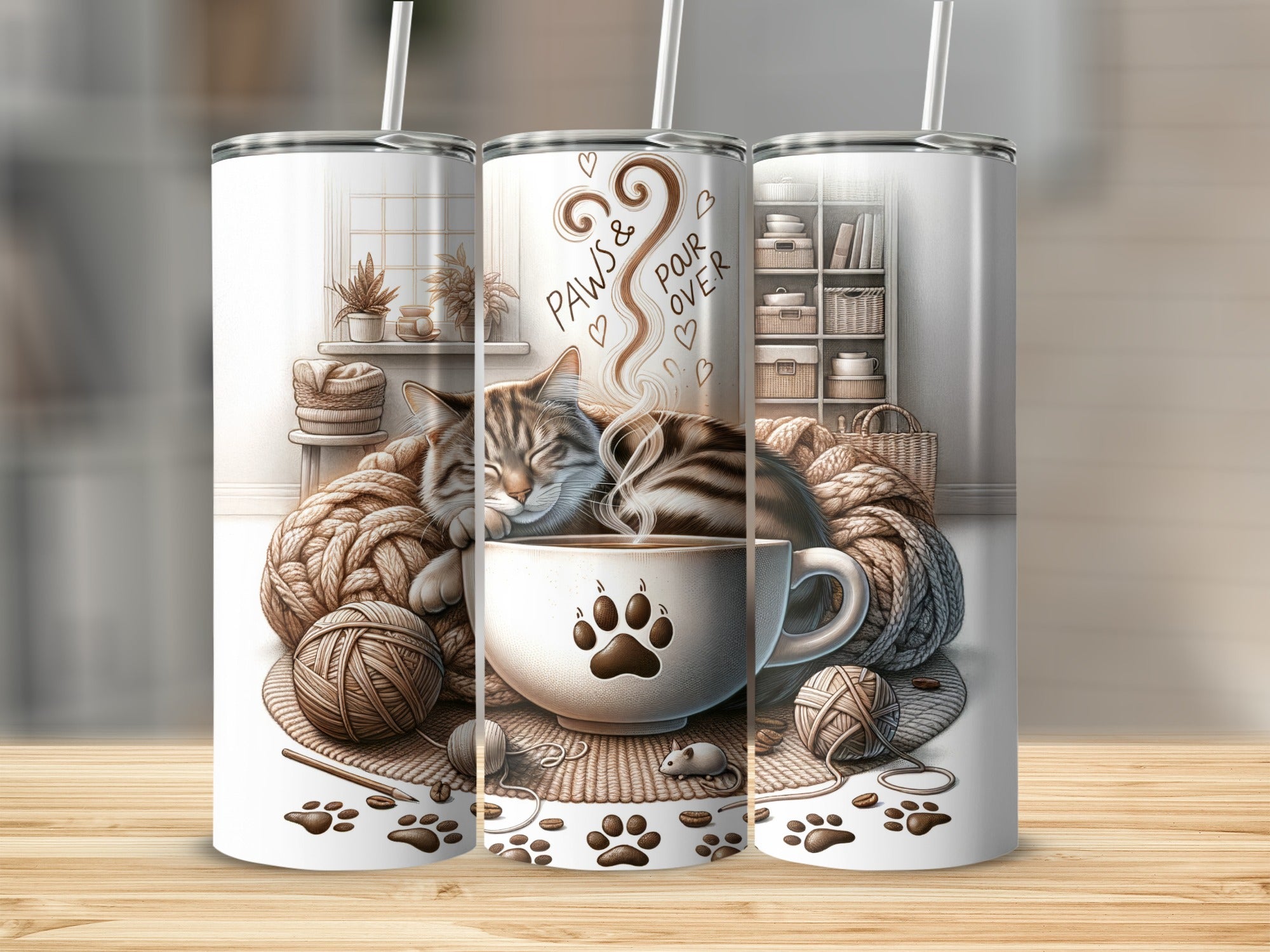 Cat sleeping on yarn beside coffee cup with paw print, "Paws & Pour Over" text.