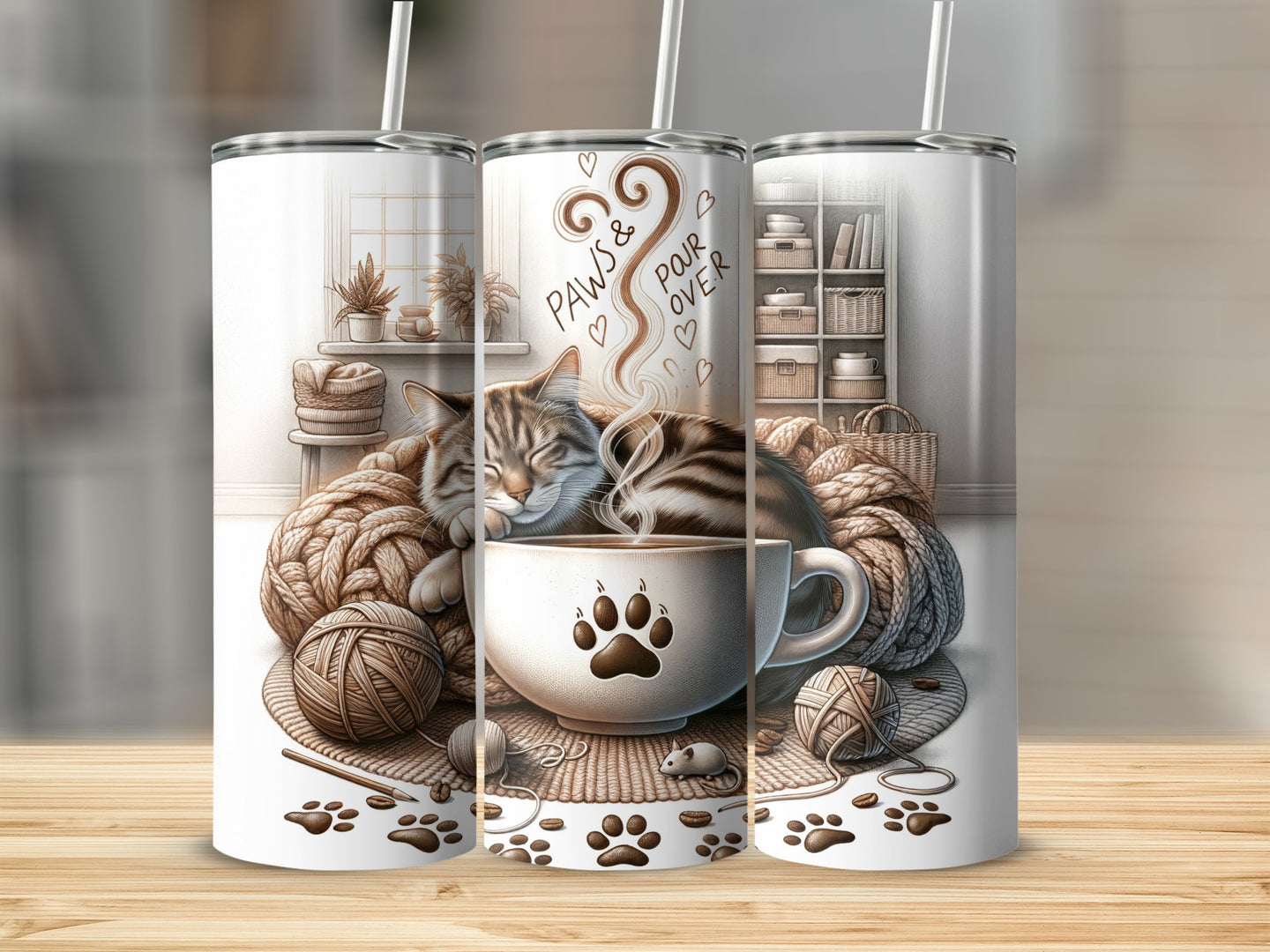 Cat sleeping on yarn beside coffee cup with paw print, "Paws & Pour Over" text.