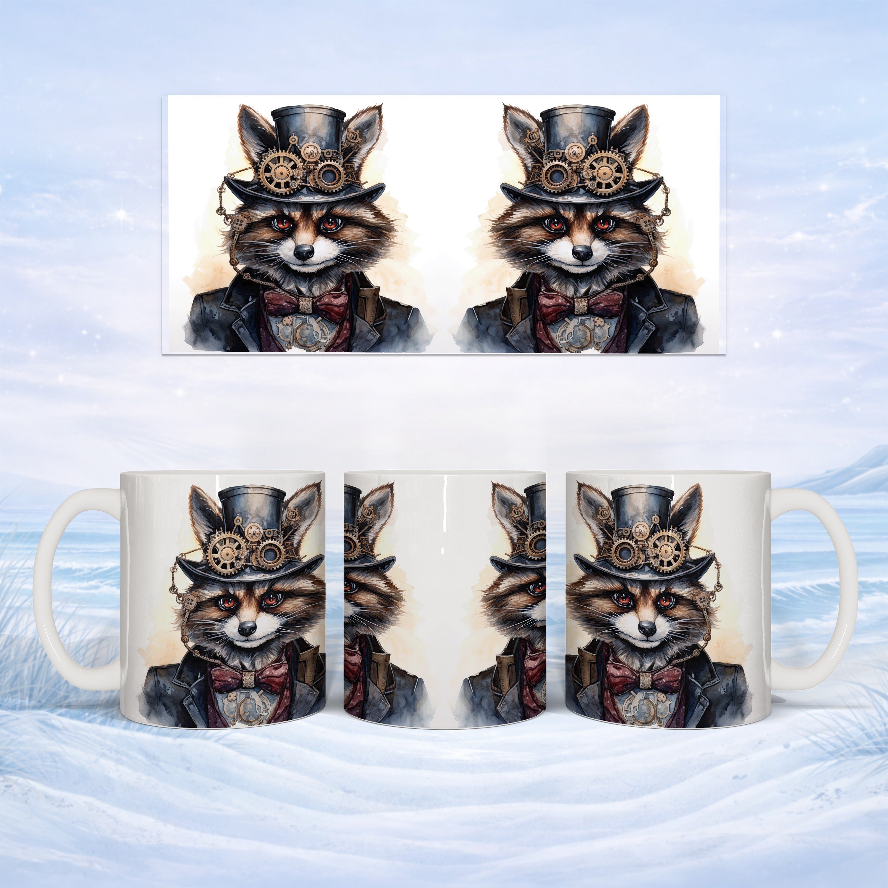 Steampunk raccoon wearing a top hat and suit on a white mug.