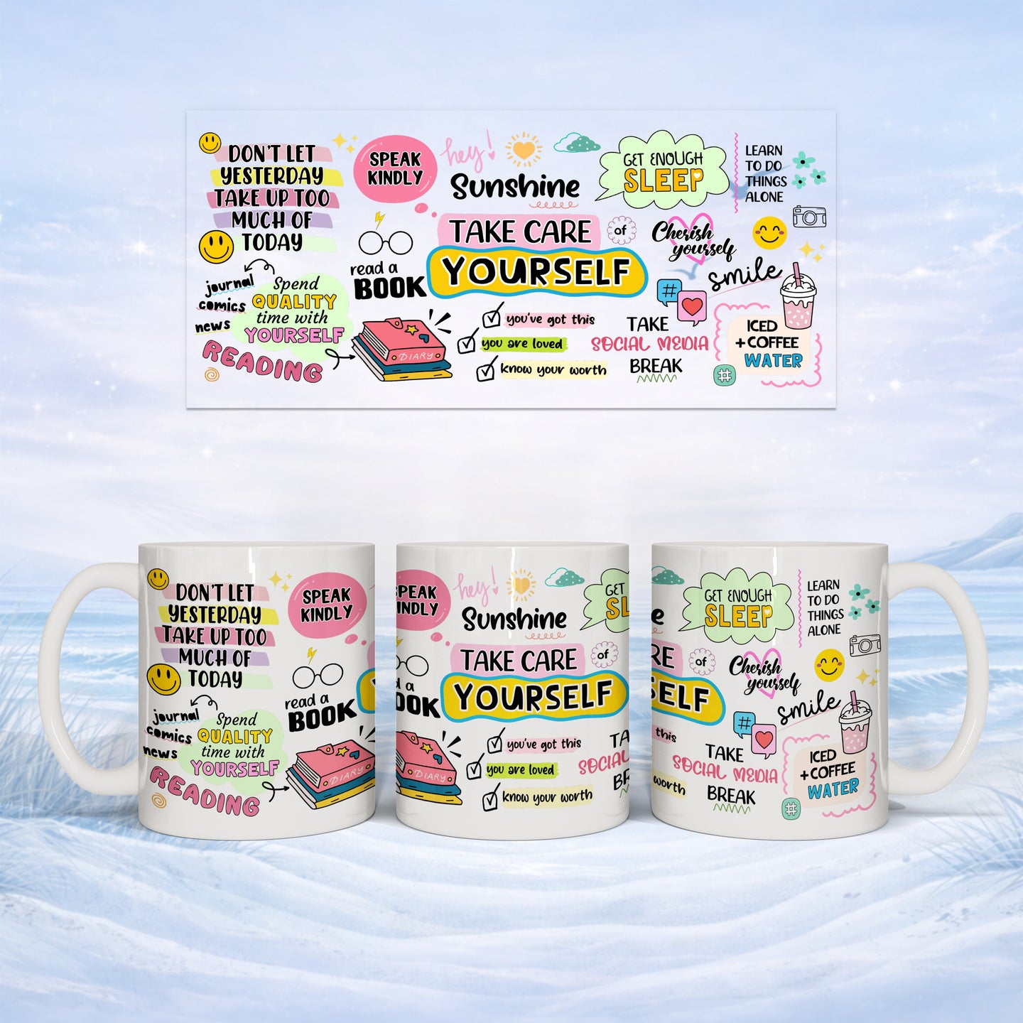 White mug with inspirational quotes and illustrations about self-care and productivity.