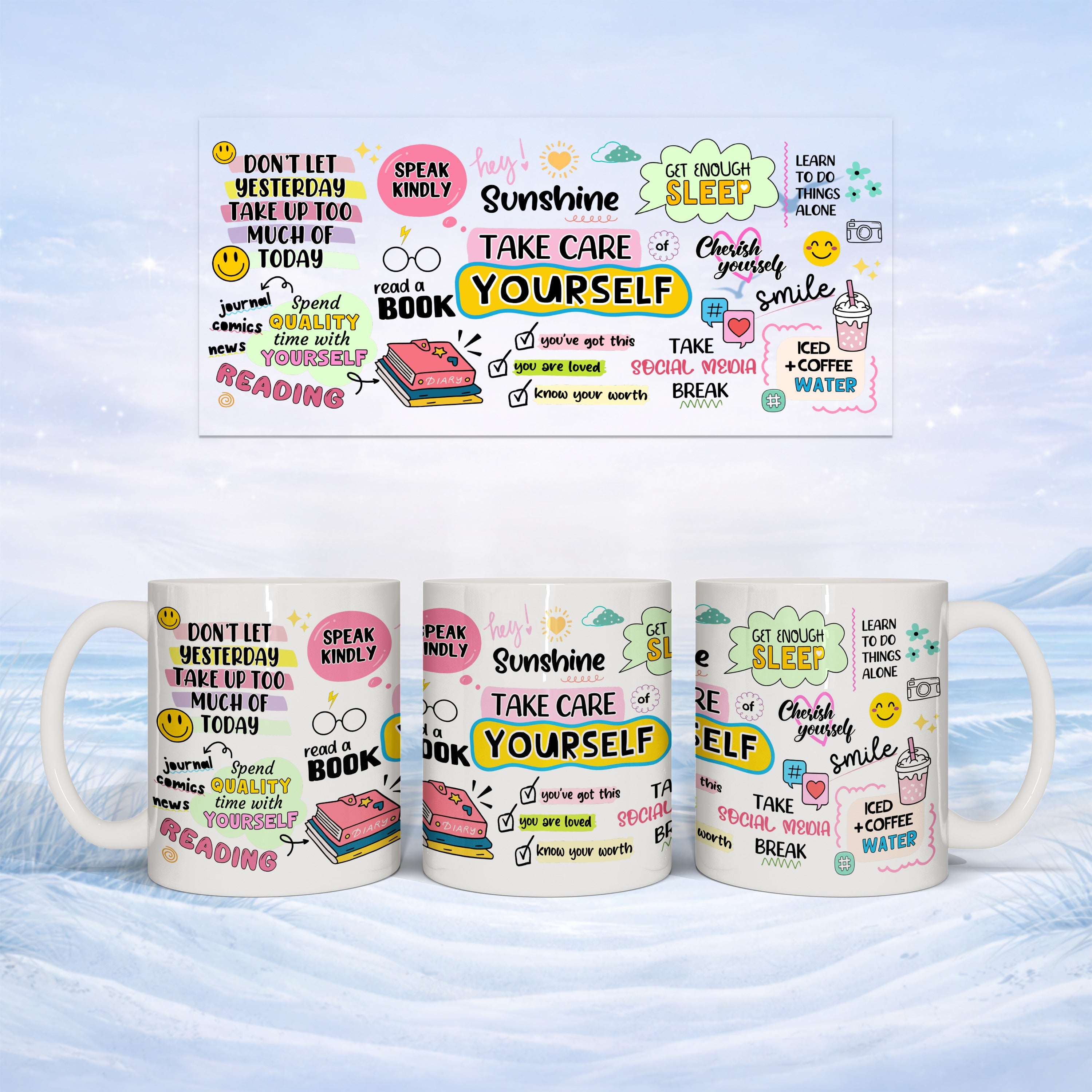 White mug with inspirational quotes and illustrations about self-care and productivity.
