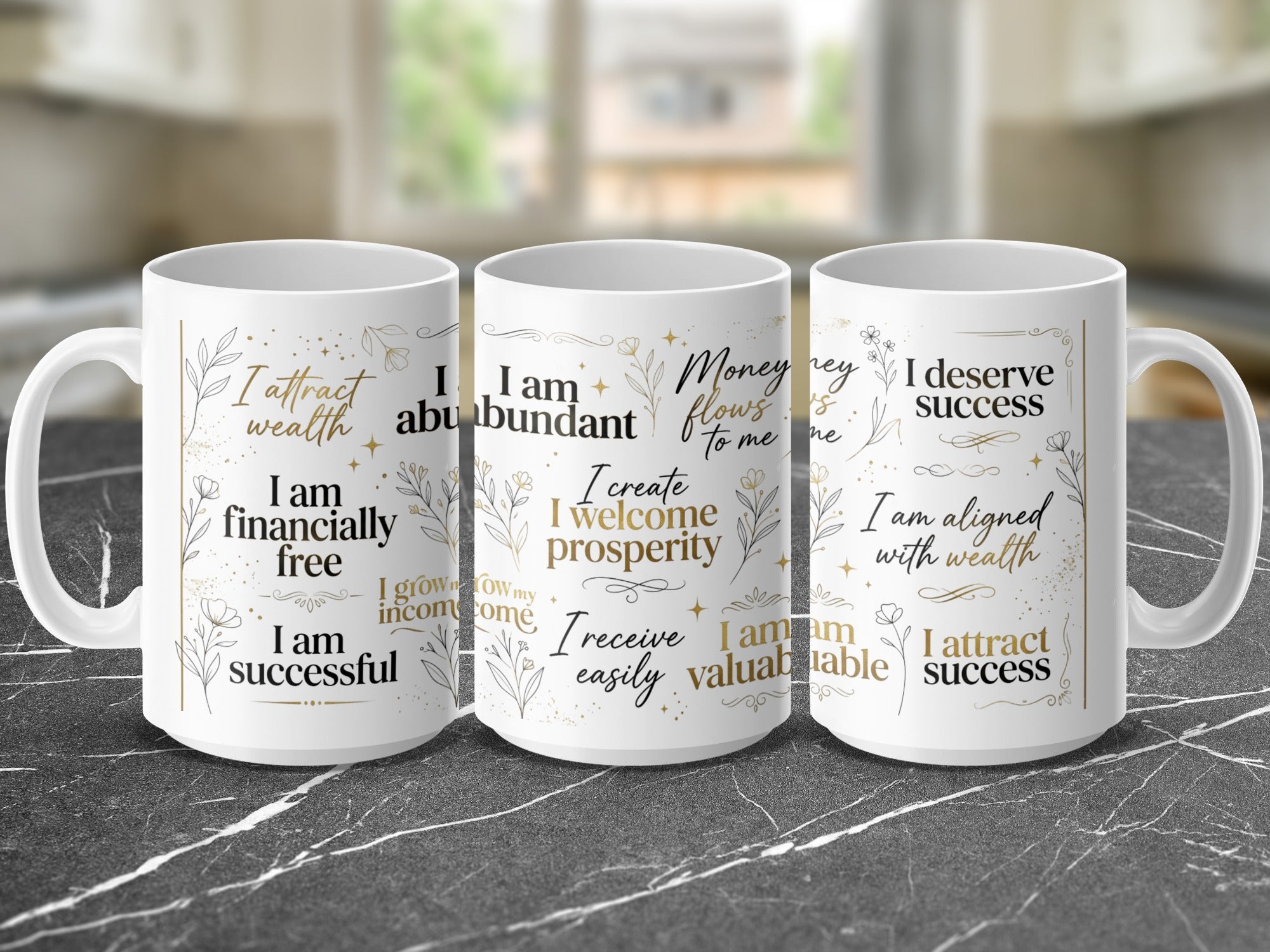 Three mugs with inspirational affirmations about wealth and success.