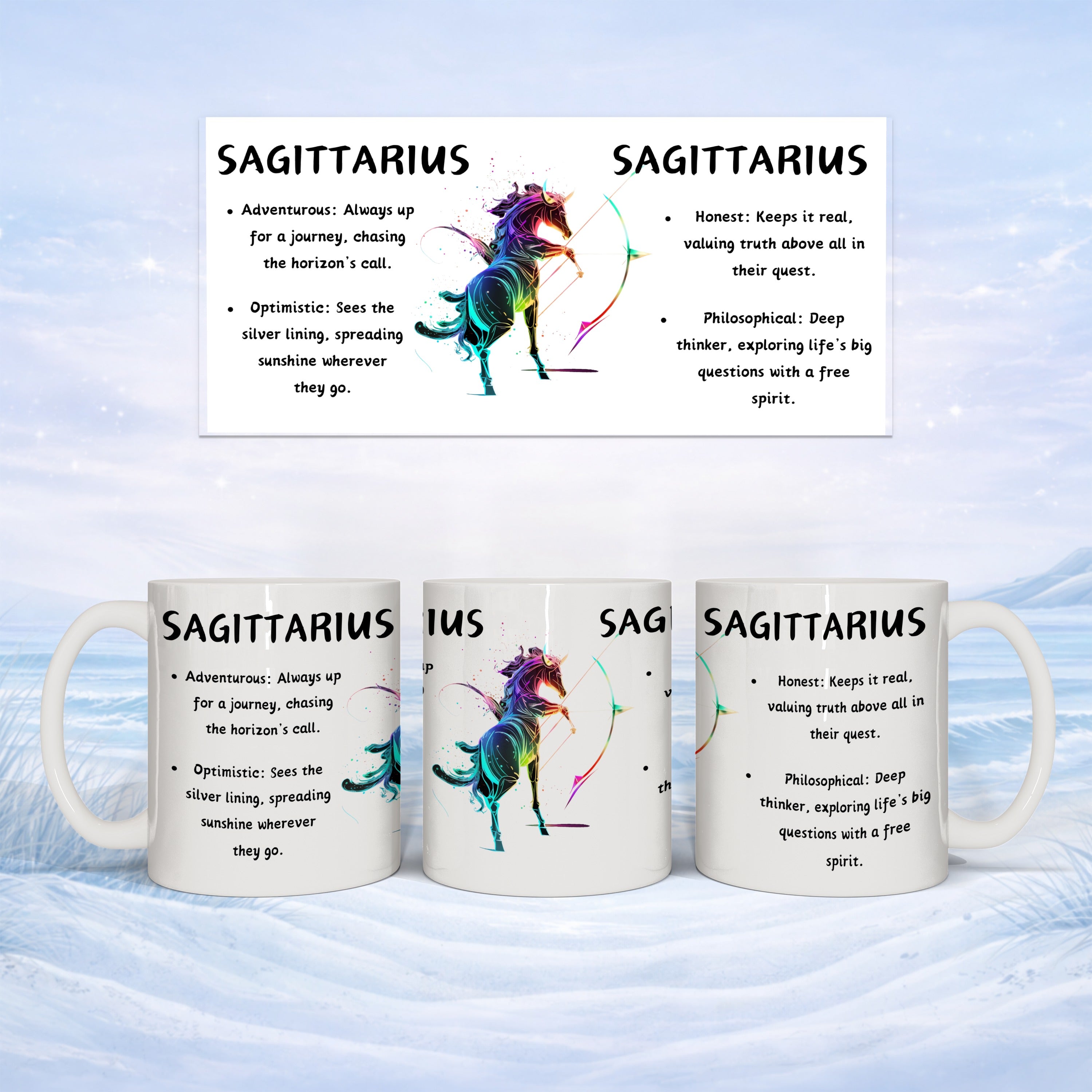 Sagittarius constellation graphic with descriptive text on two white mugs.