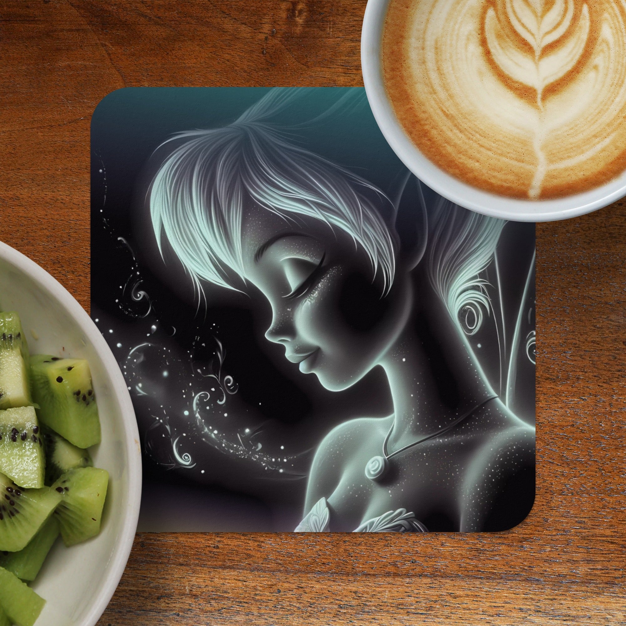 Fairy with glowing hair on dark background, near coffee and kiwi.