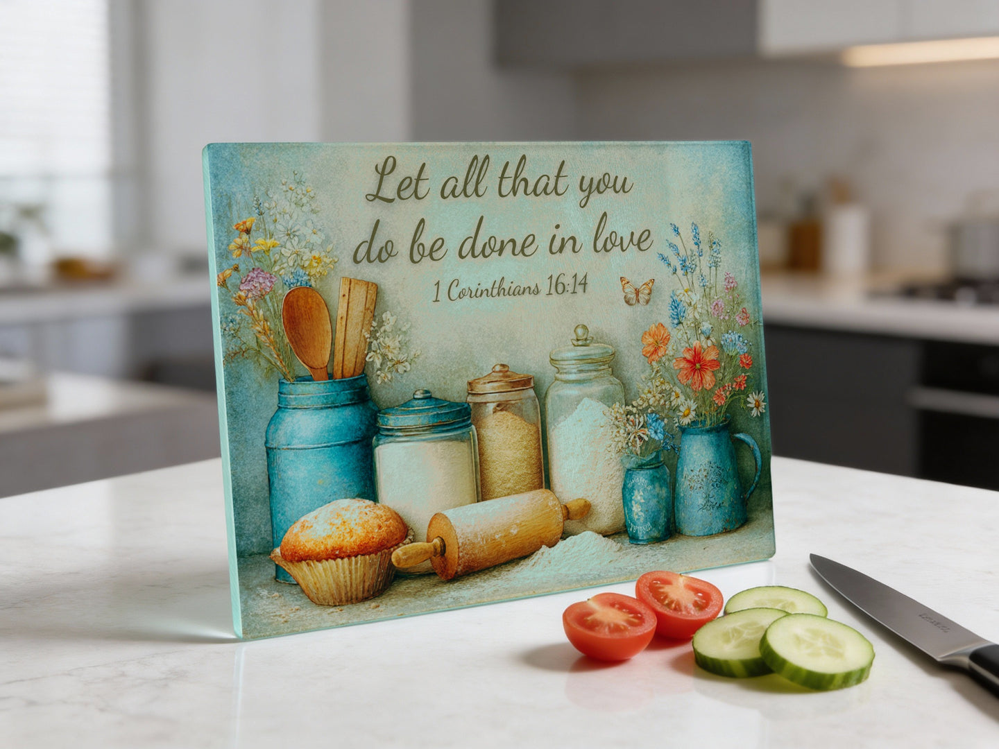 Cutting board with recipe text, jar ingredients, cupcake, and vegetables.