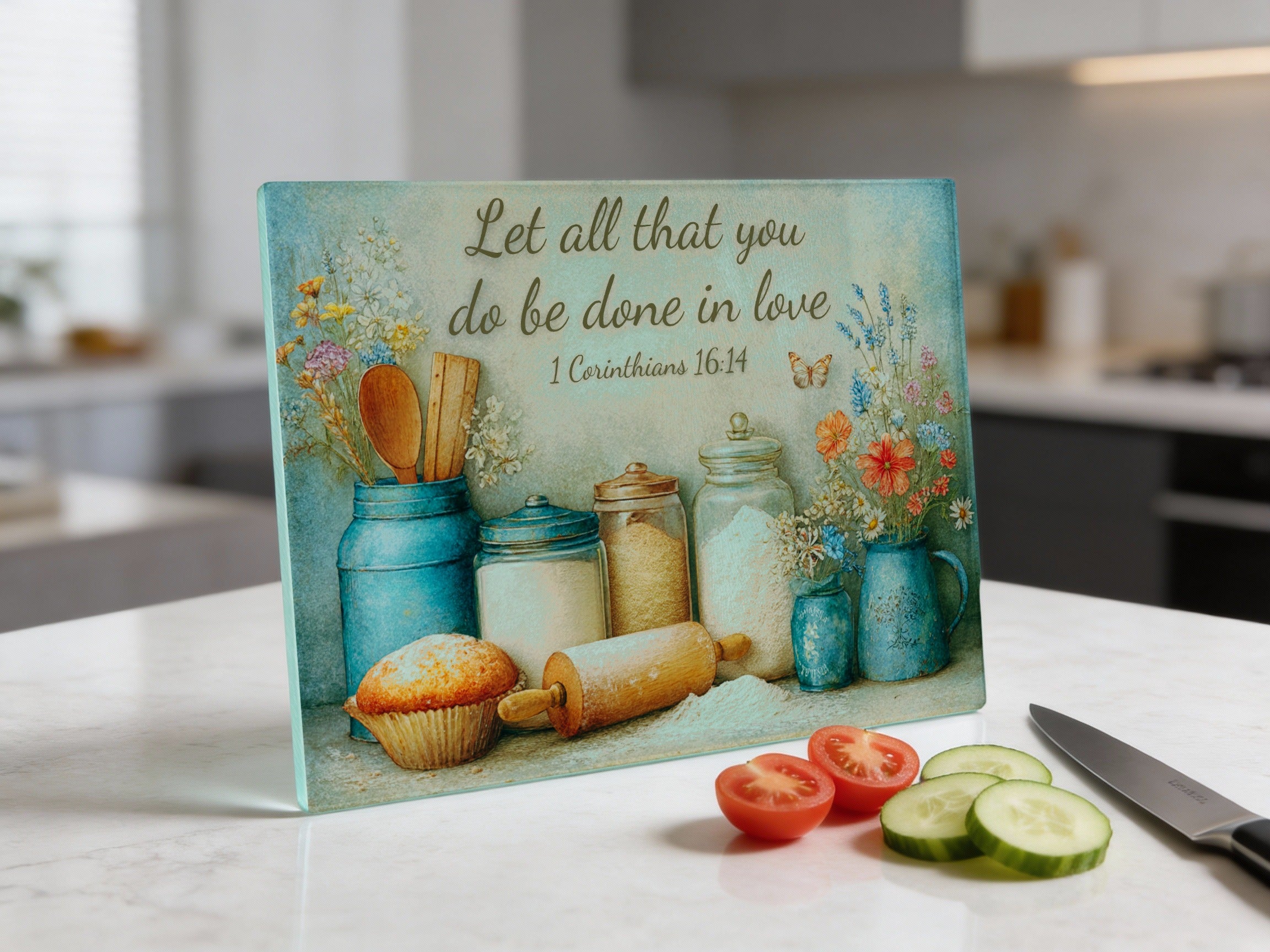 Cutting board with recipe text, jar ingredients, cupcake, and vegetables.