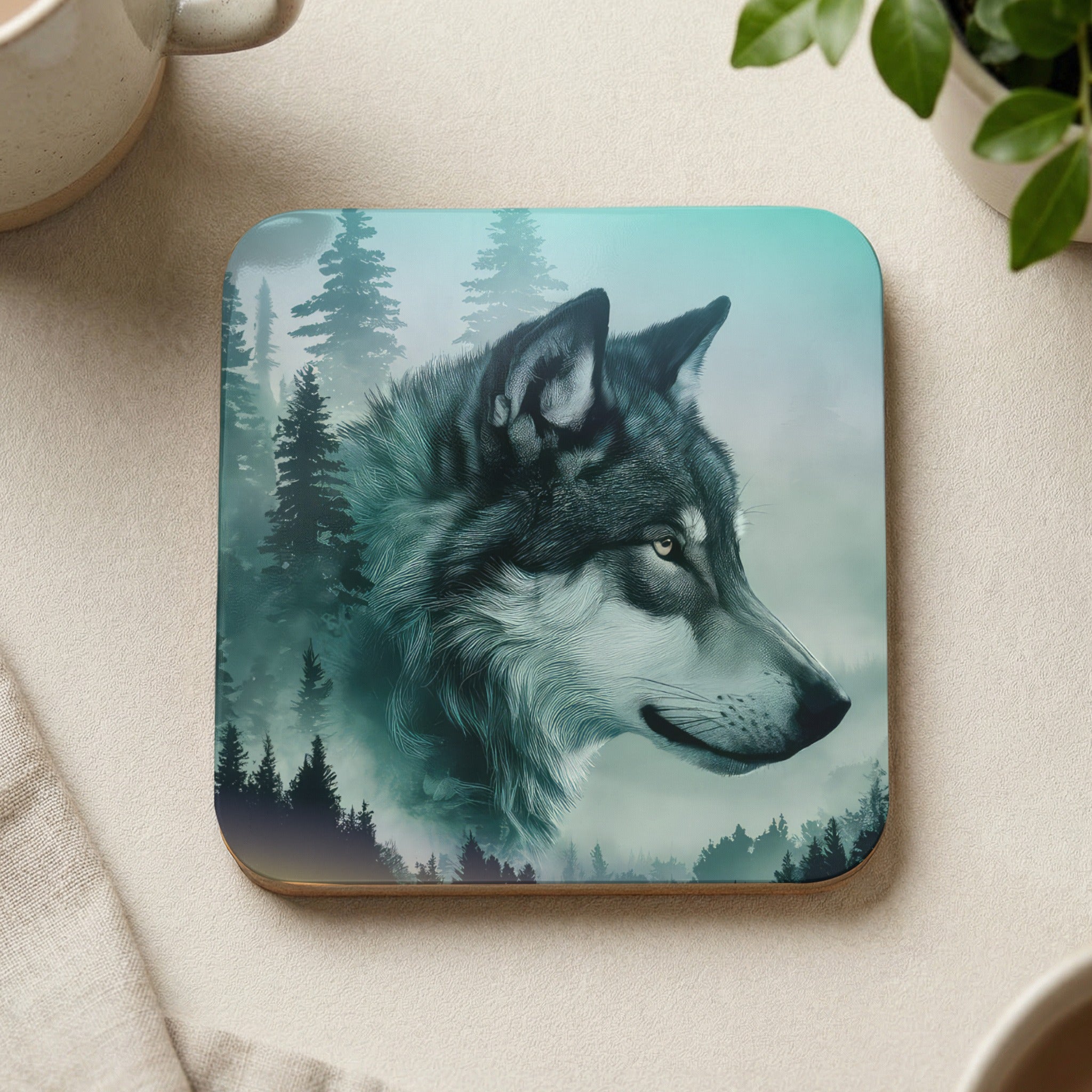 Wolf profile superimposed over a misty pine forest landscape.