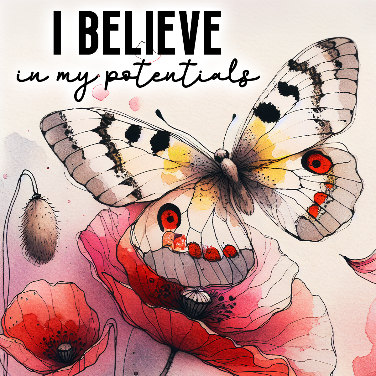 Butterfly with text "I BELIEVE in my potentials" over poppies.