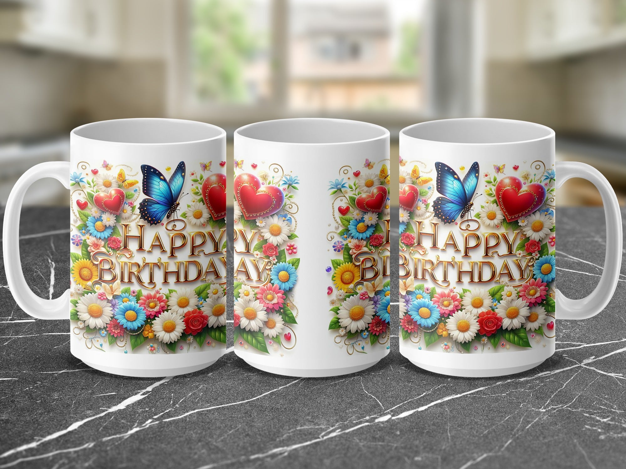 Three white mugs with "Happy Birthday" message, flowers, and butterflies.