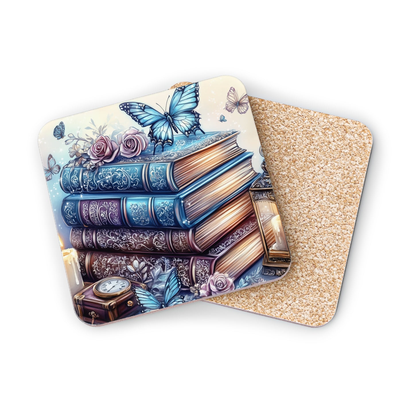 Stack of vintage books with butterflies and a candle, on a cork coaster.