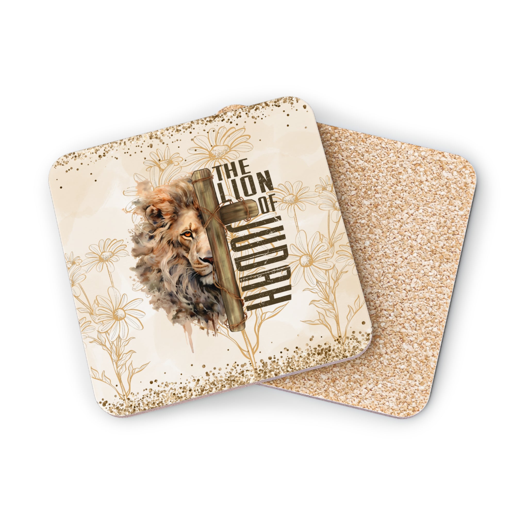 Coaster featuring a lion's head, cross, and text "The Lion of Judah."