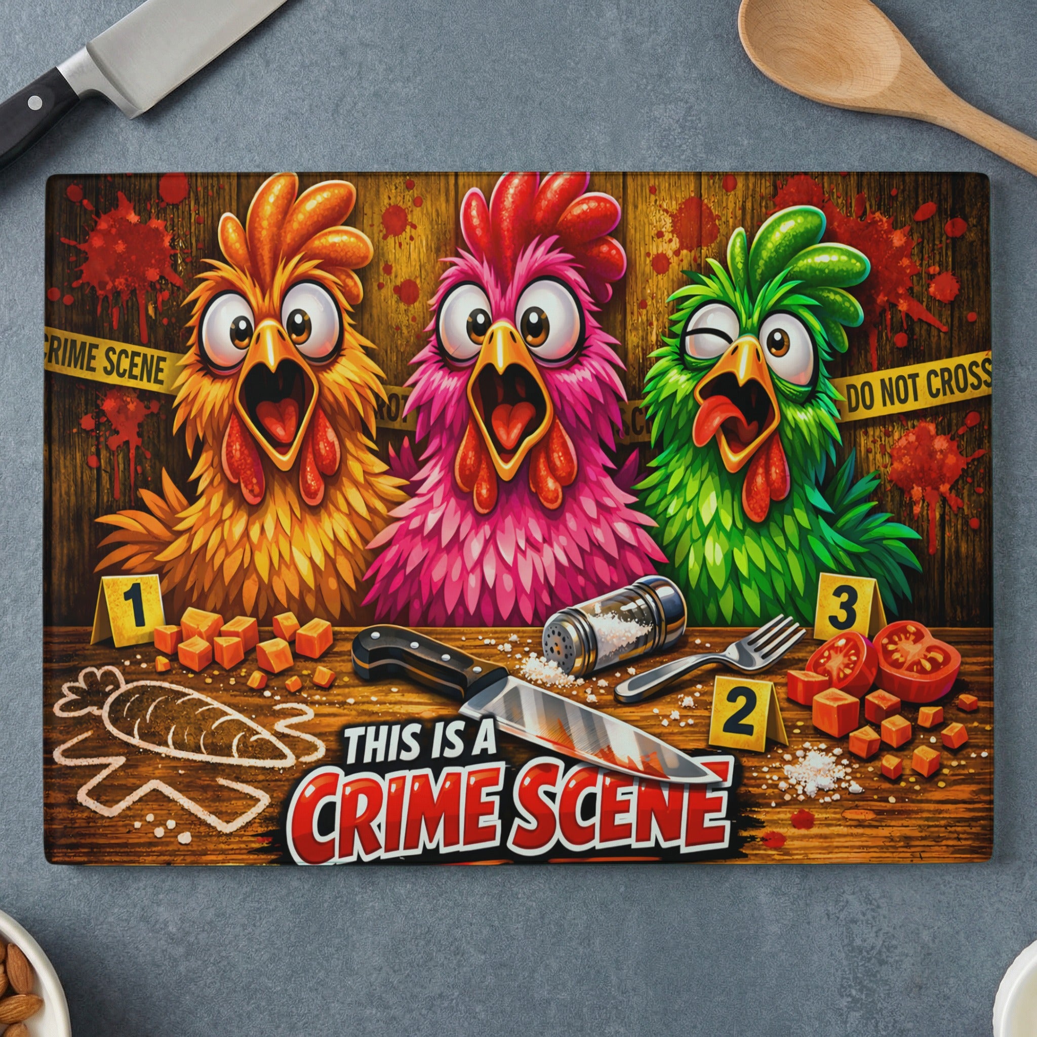 Three cartoon chickens with surprised expressions on a cutting board, with "This is a crime scene" text.