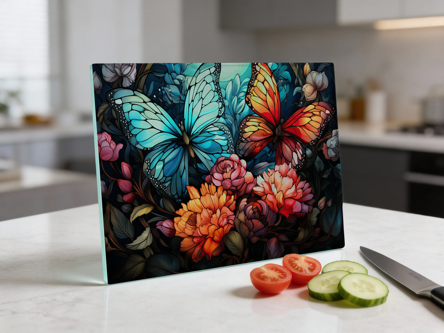 Glass cutting board with two colorful butterflies and flowers.