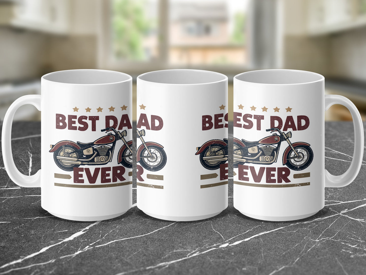 Three mugs with "BEST DAD EVER" text and motorcycle graphic.