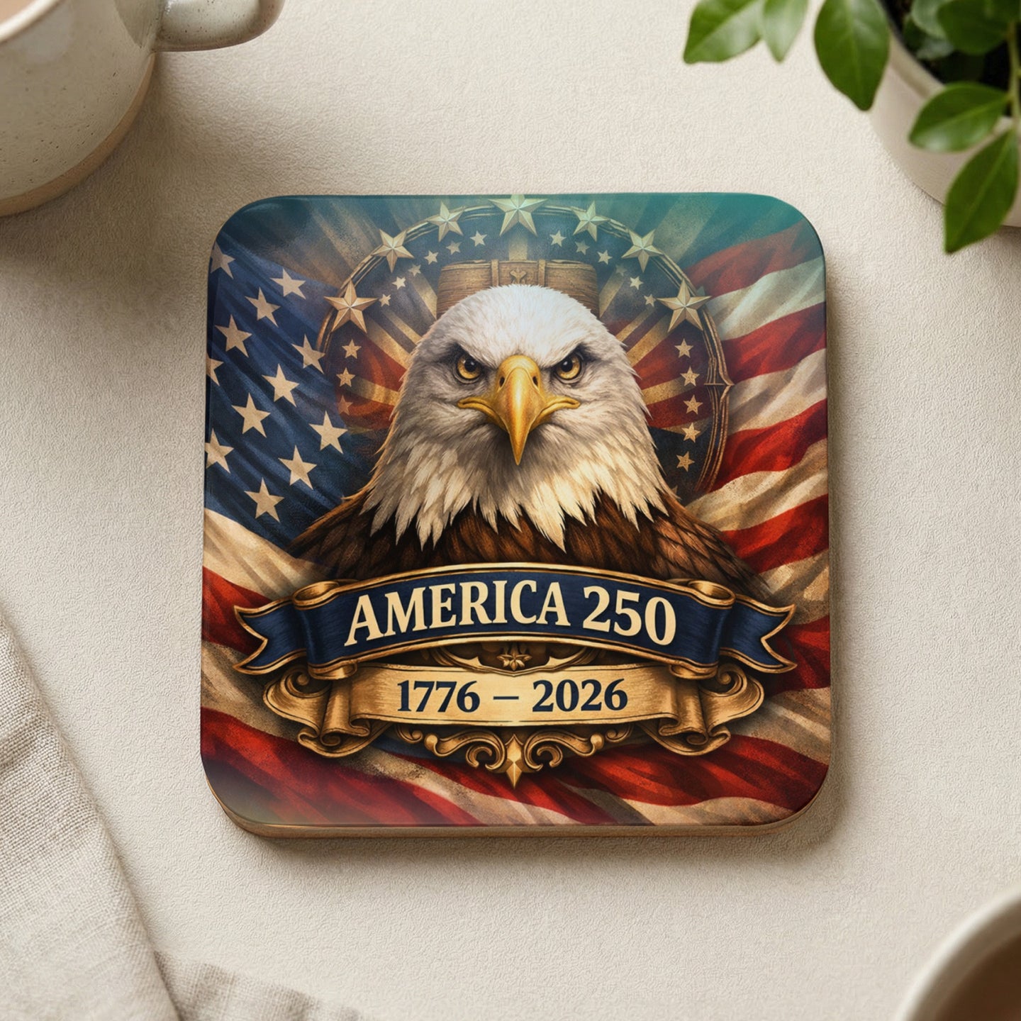 Eagle on American flag with "America 250" and "1776 - 2026" text.