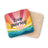 Coasters with "Love yourself" text over a colorful sunrise and waves design.