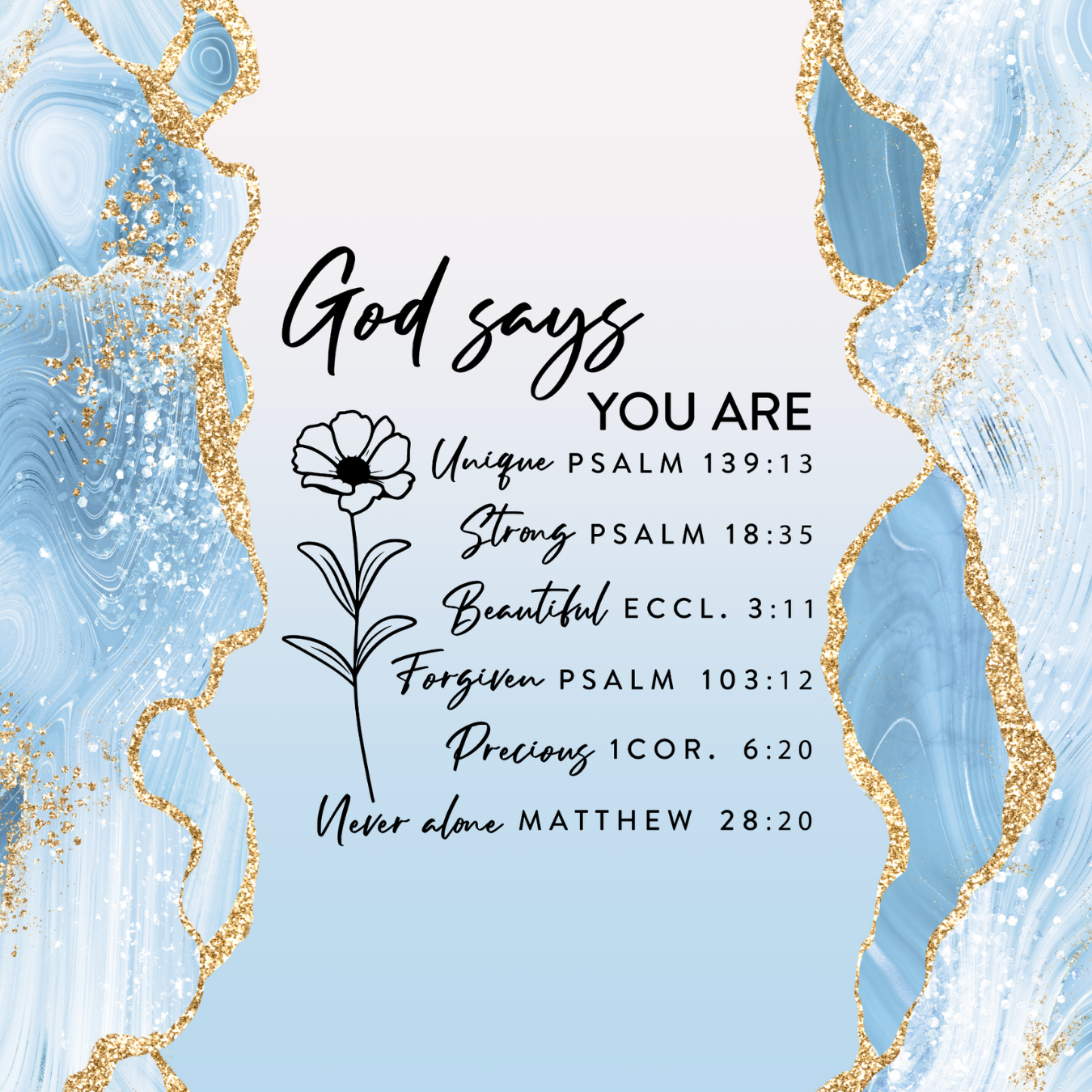 "God says YOU ARE Unique, Strong, Beautiful, Forgiven, Precious" with Bible verses.