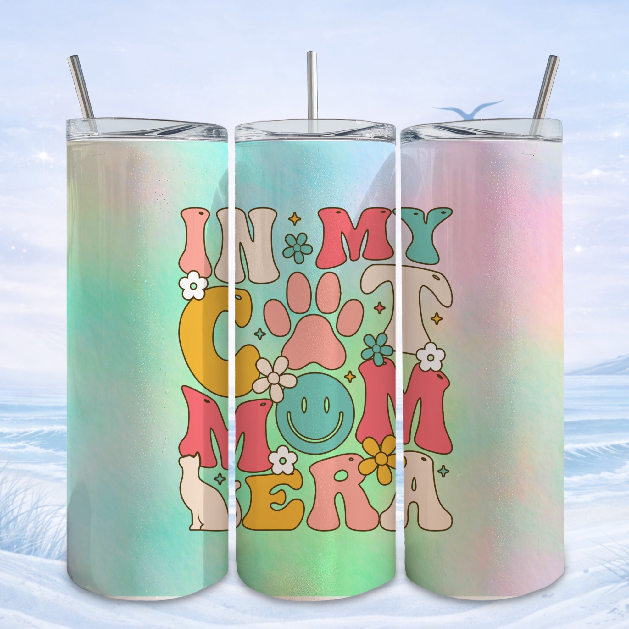 Three tumblers with "In My Cat Mom Era" text and floral graphics.