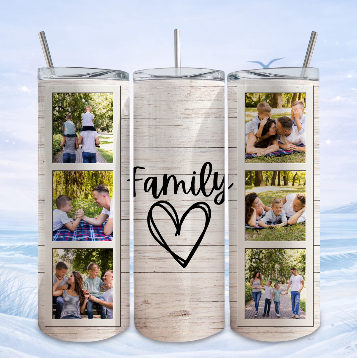 Collage of family photos within wooden frame on beach background.