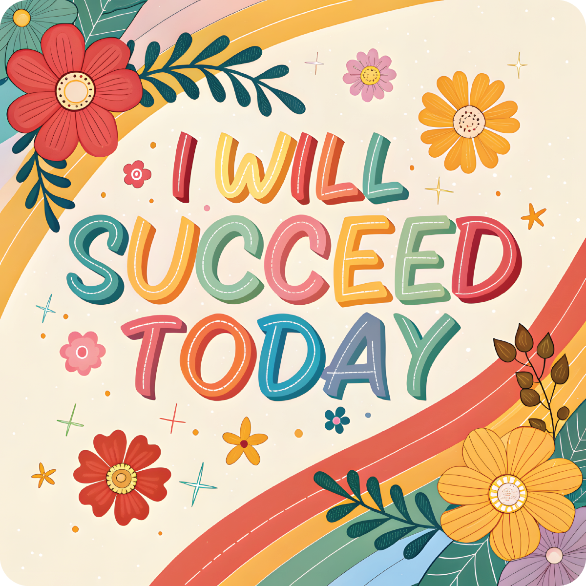 I WILL SUCCEED TODAY text with colorful floral and rainbow border.
