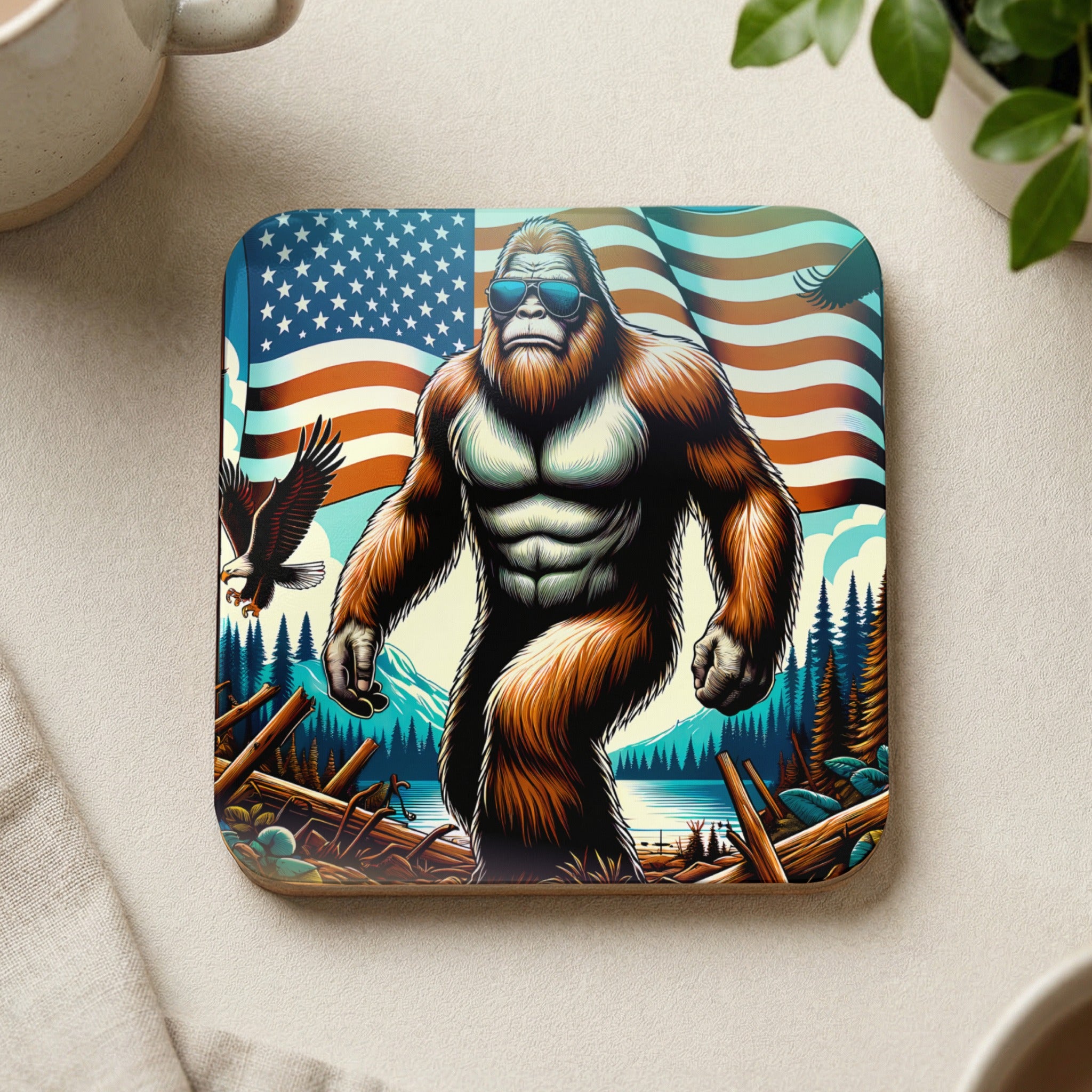 Bigfoot in sunglasses with American flag and patriotic woodland scene.