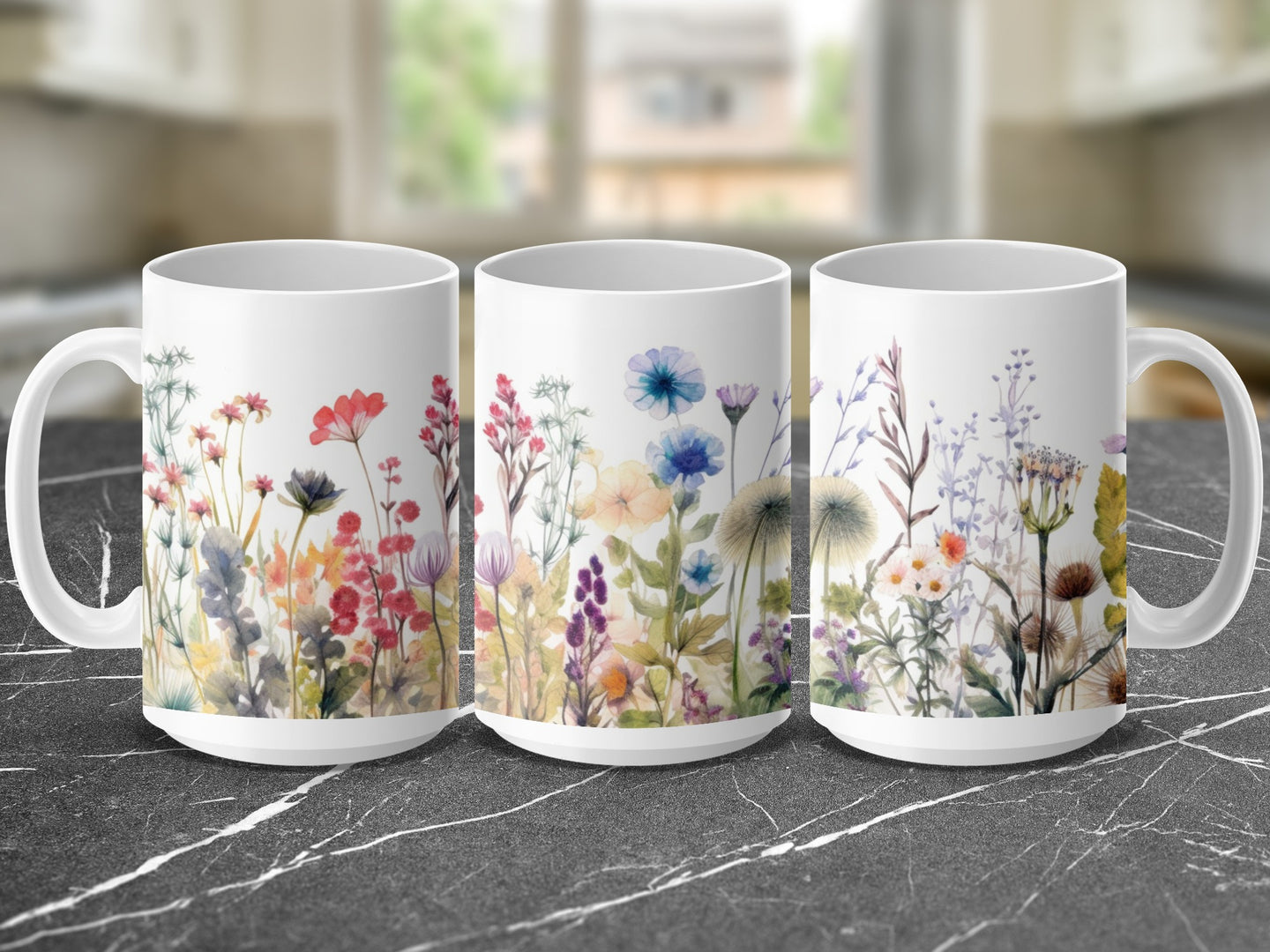 Three white mugs adorned with watercolor floral designs.