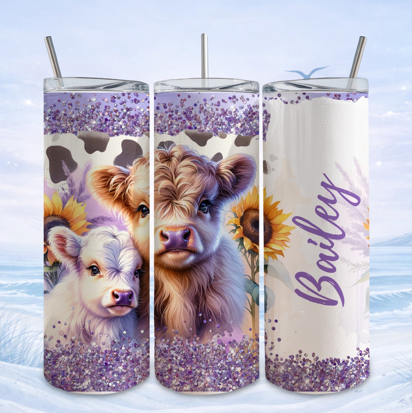 Cute cow and calf with sunflowers and purple glitter design on a tumbler.