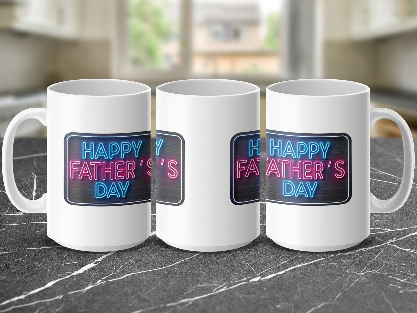 White mug with "Happy Father's Day" in neon blue and pink lights.