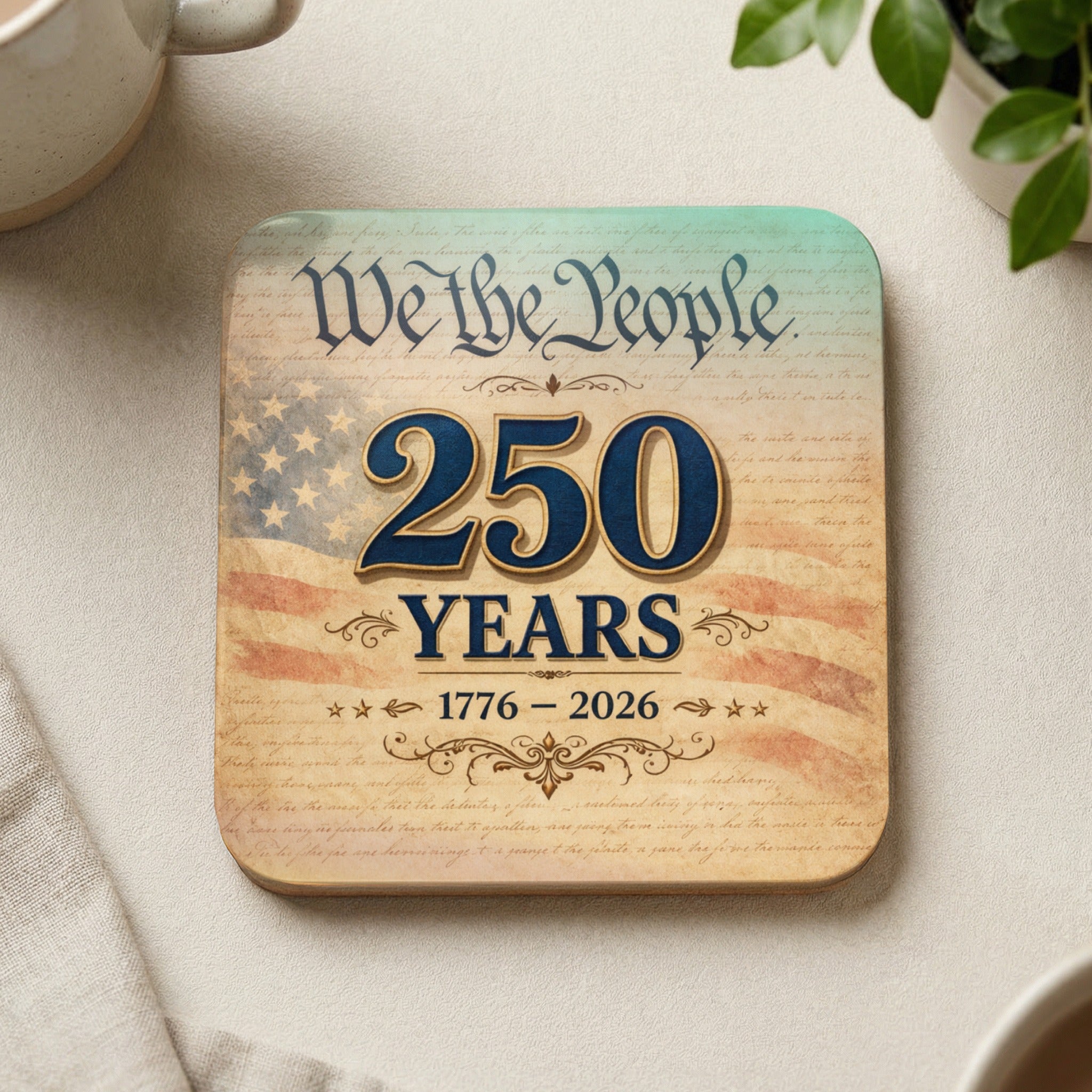 Coaster with "We the People 250 Years 1776 - 2026" and US flag motif.