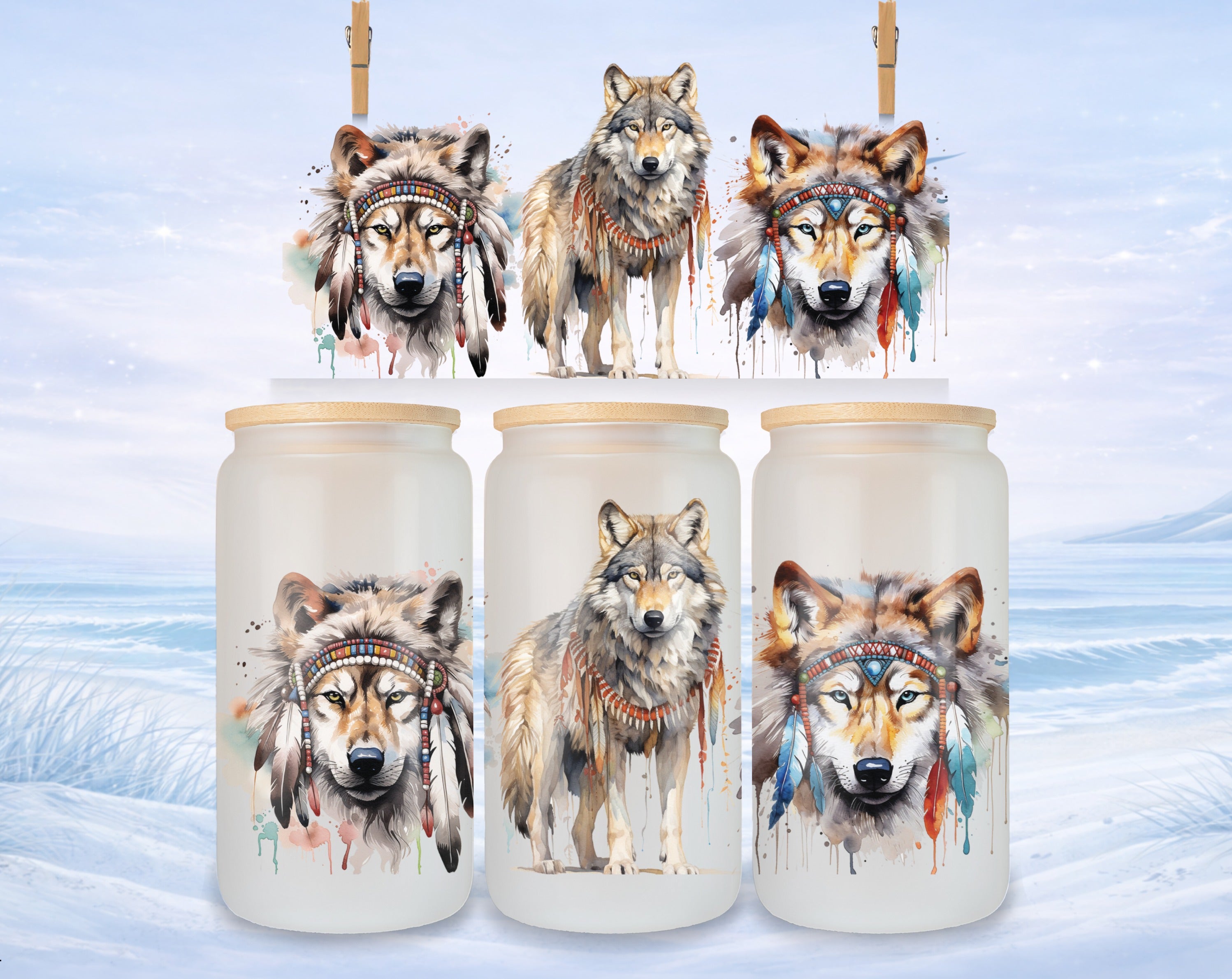 Three watercolor wolf portraits with Native American headdresses on frosted glass jars.
