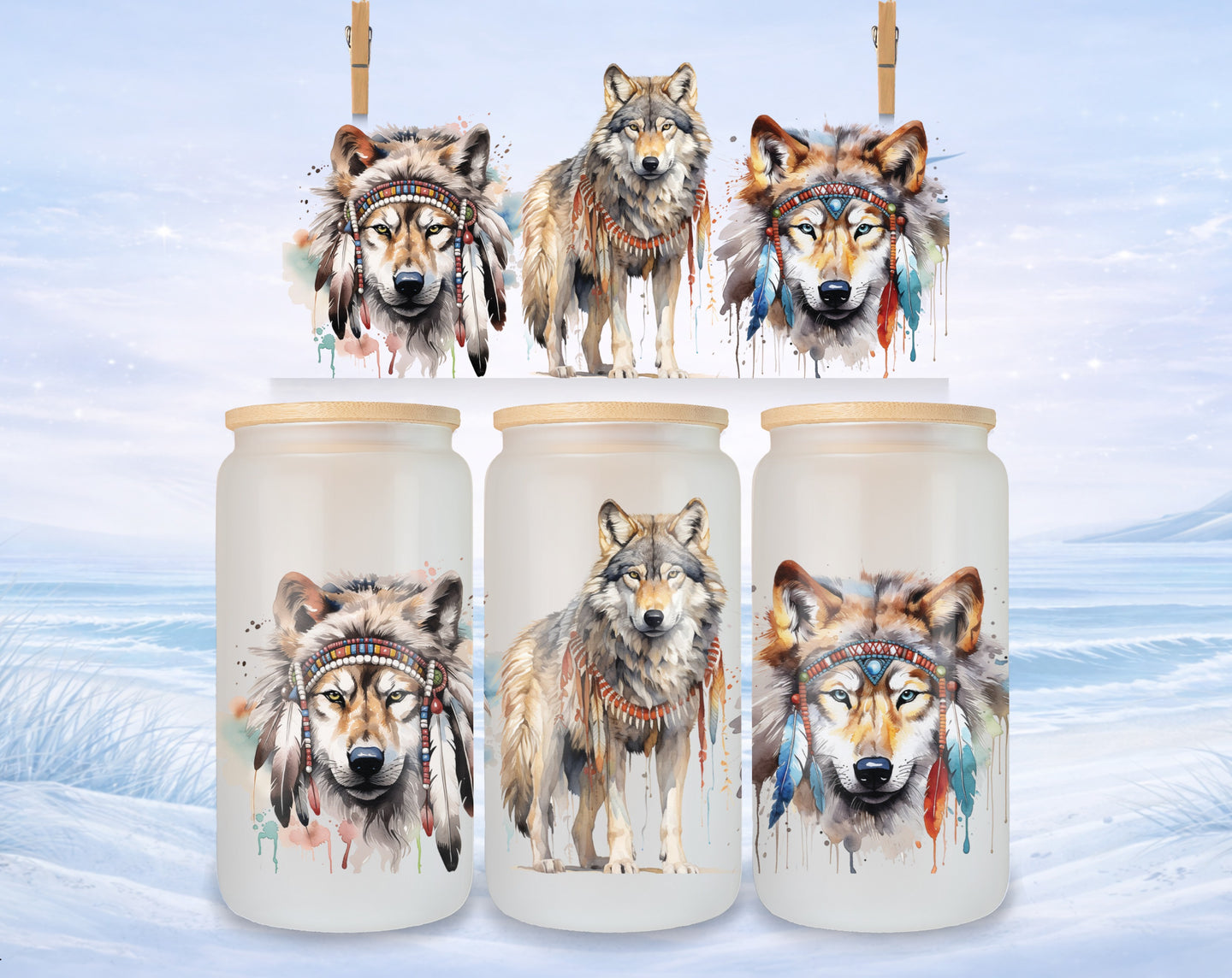 Three watercolor wolf portraits with Native American headdresses on frosted glass jars.