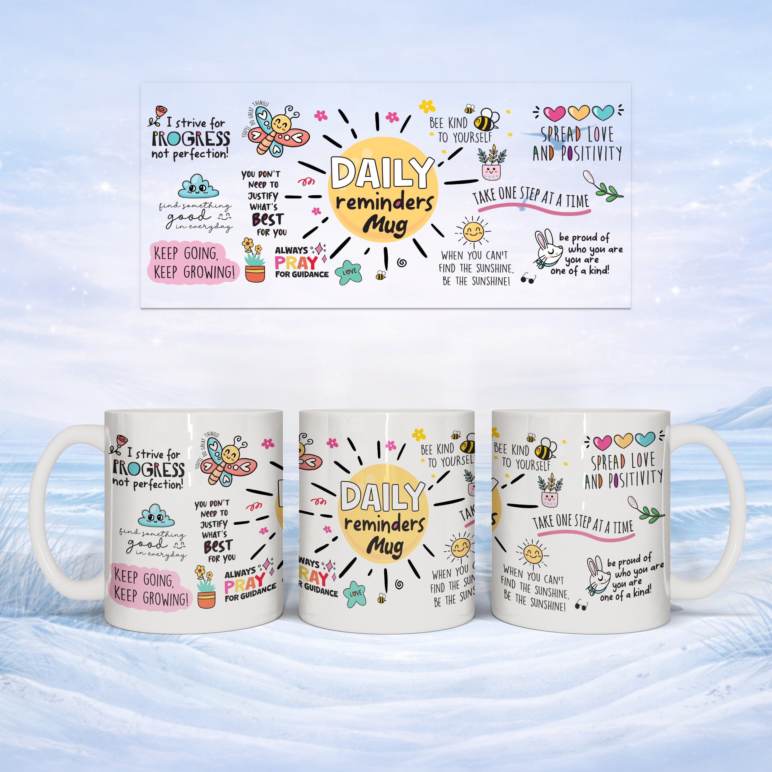 White mugs with inspirational quotes and colorful illustrations, displayed artistically.