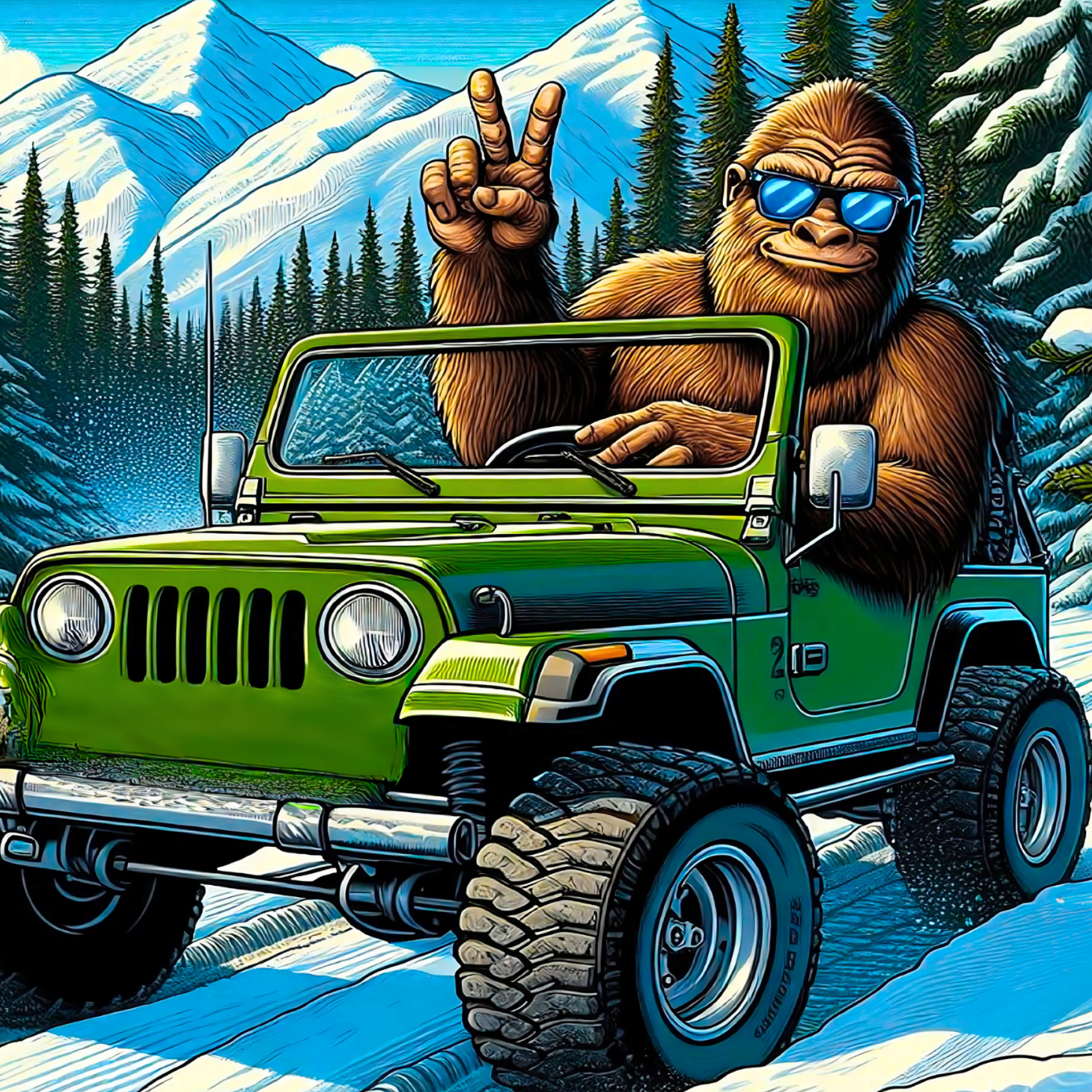 Bigfoot driving green Jeep, giving peace sign, snowy mountains background.