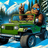 Bigfoot driving green Jeep, giving peace sign, snowy mountains background.