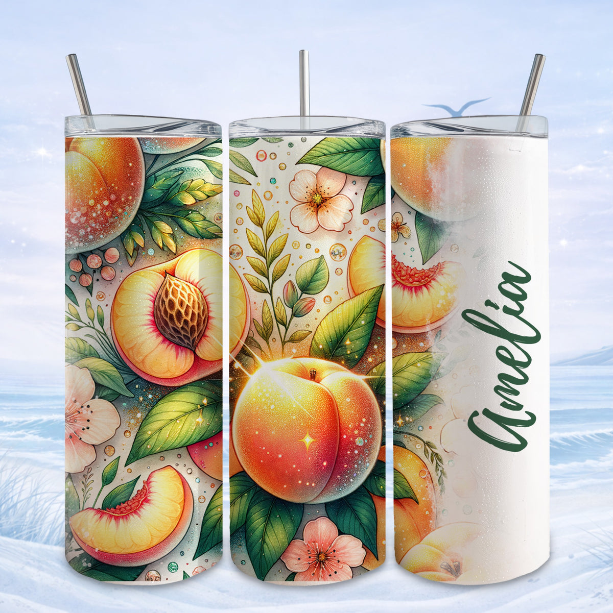 Three tumblers with peach, floral, and beach designs.