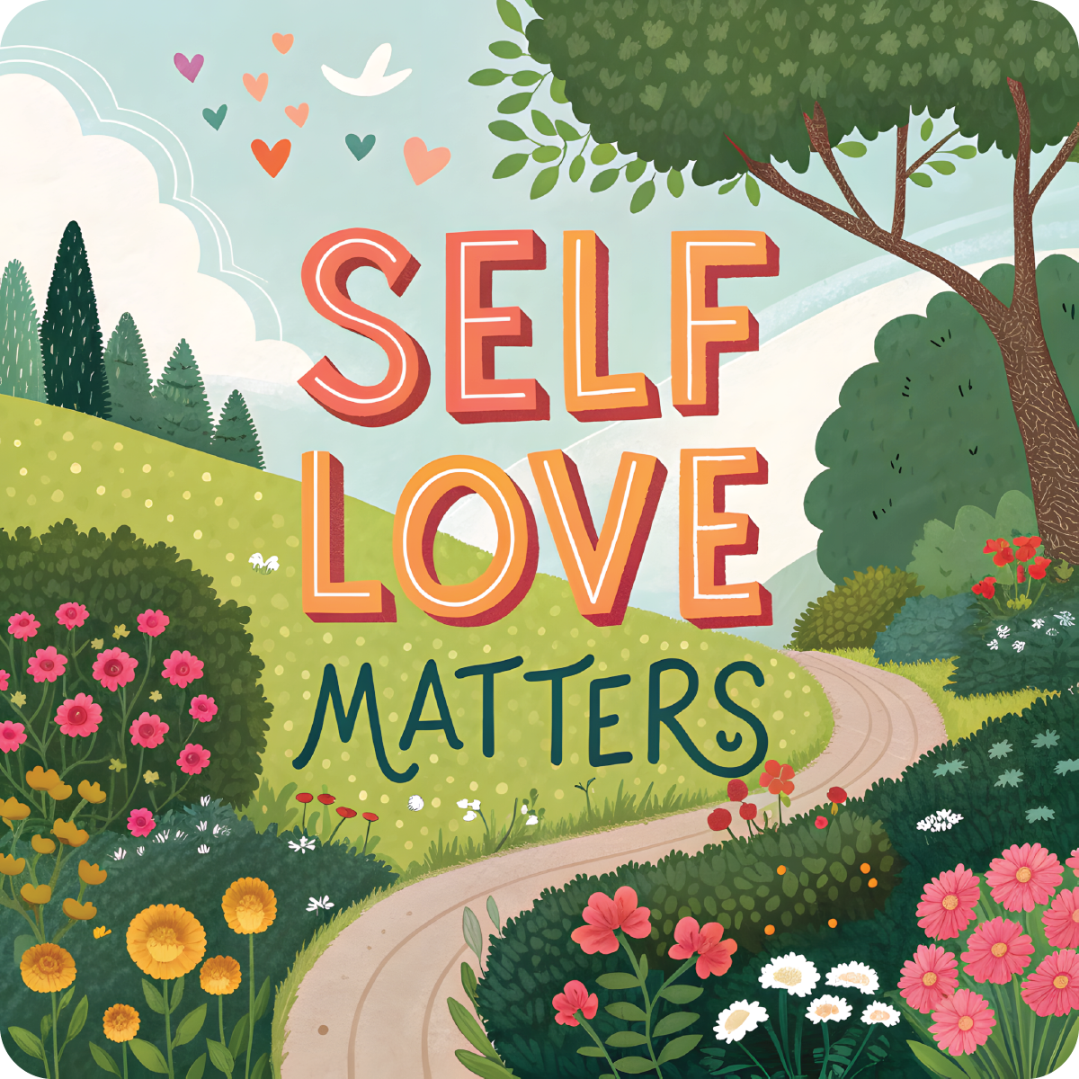"Self Love Matters" text over a winding path through a colorful, blooming garden.