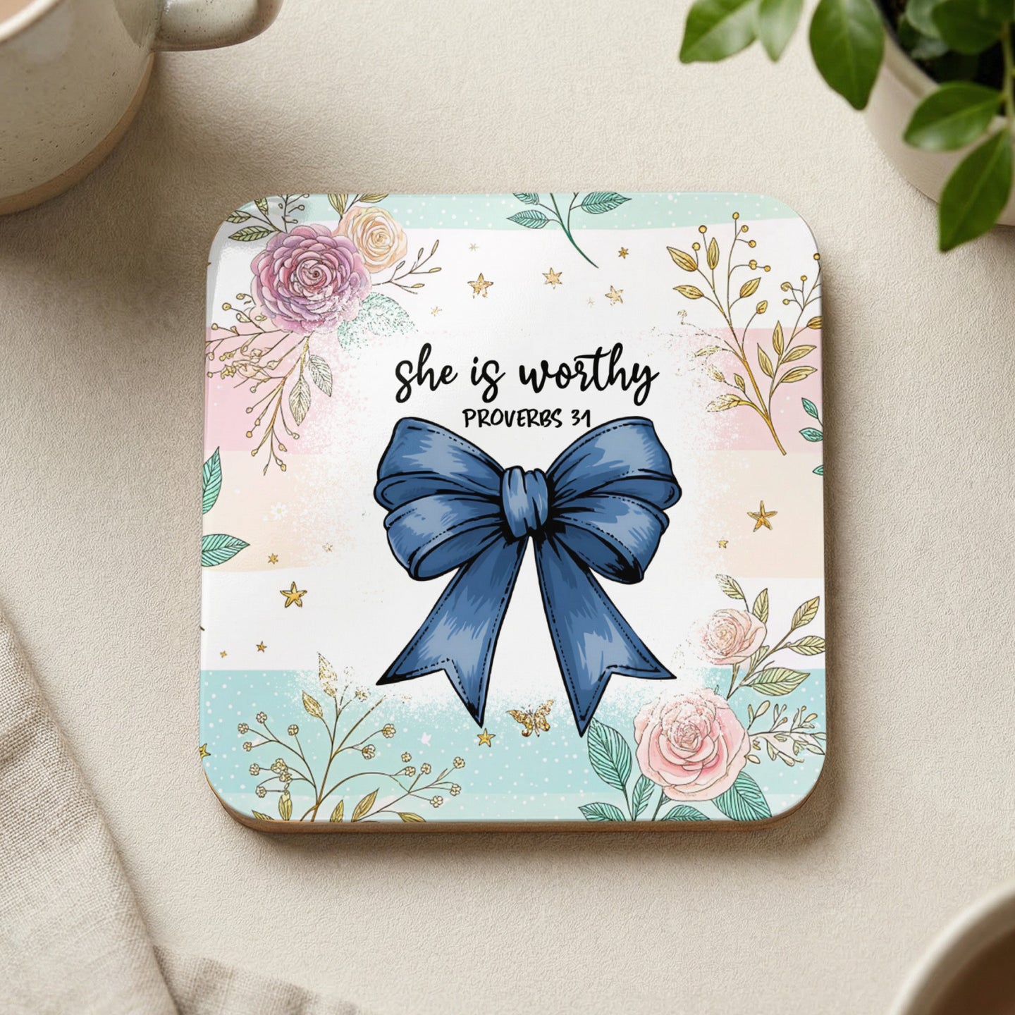 Square coaster with blue bow, floral accents, and "she is worthy PROVERBS 31" text.
