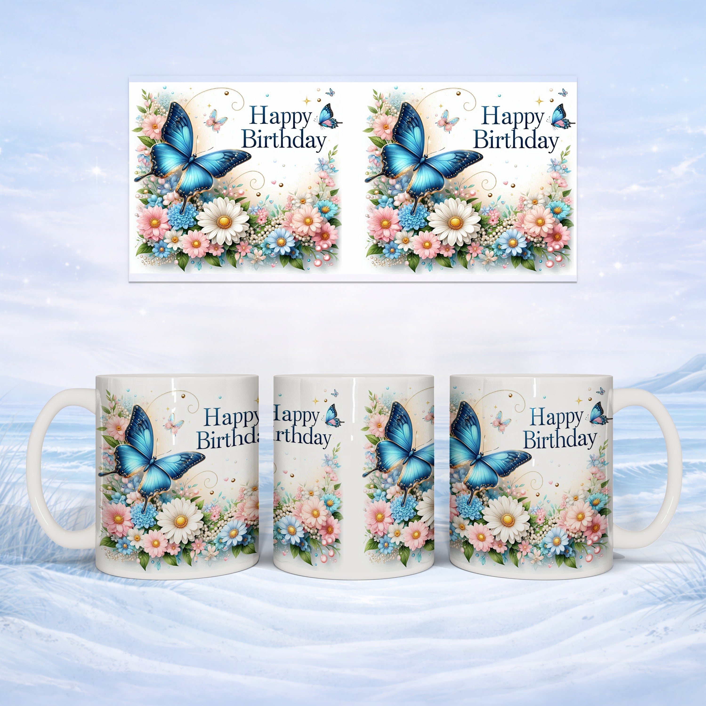 Three mugs with blue butterflies and floral designs, celebrating a birthday.