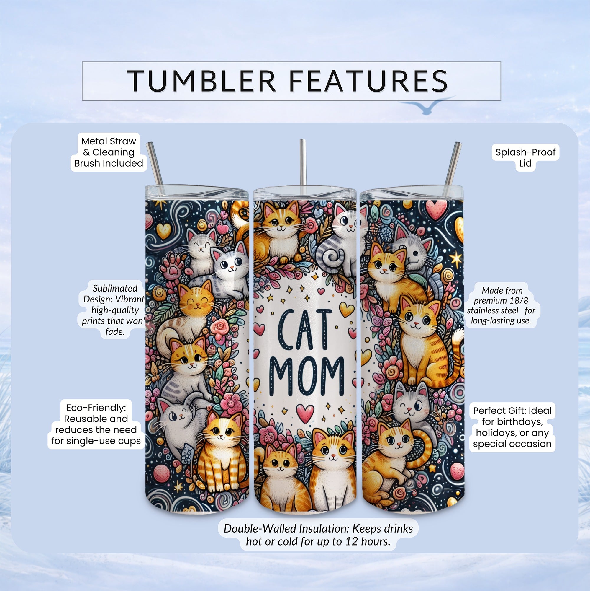 Cat Mom tumbler with vibrant sublimation, features metal straw, lid, and insulation.