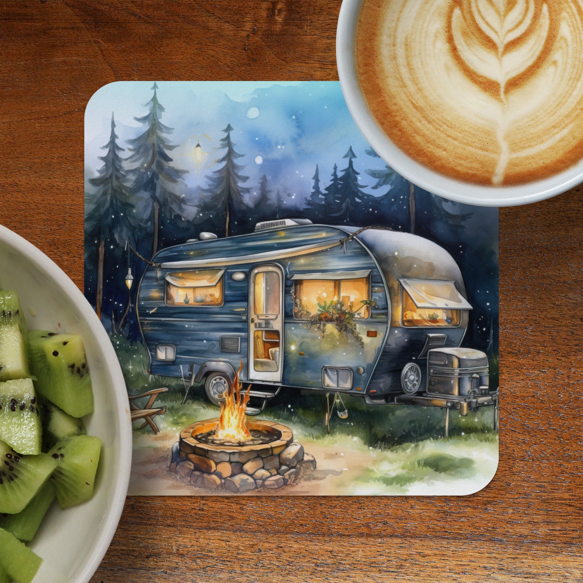 Cozy camper under starry sky with campfire and coffee.
