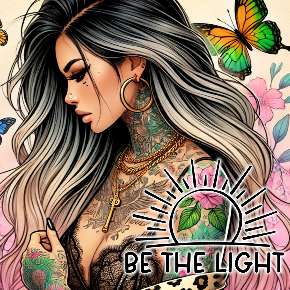 Tattooed woman with butterflies and flowers, text "Be the Light".