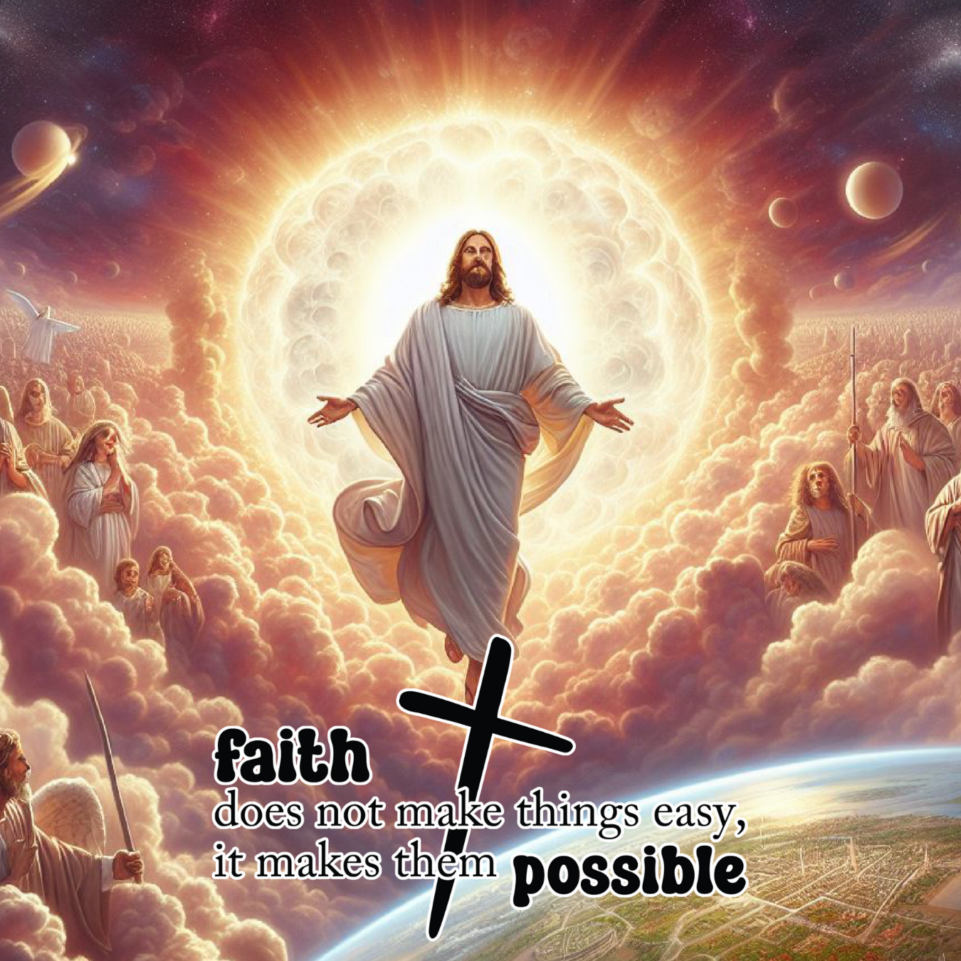Jesus surrounded by clouds and light, with text "faith does not make things easy, it makes them possible".