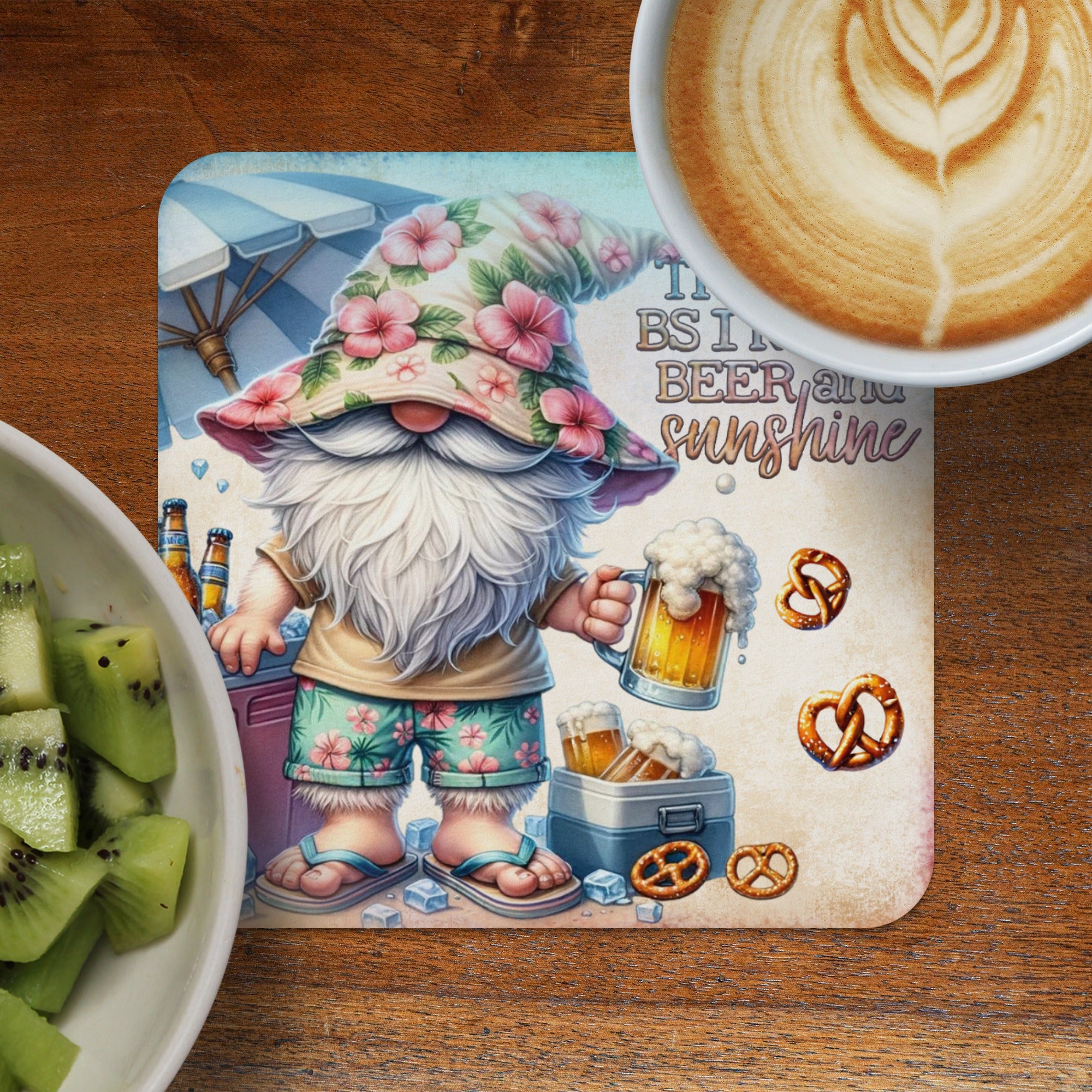 Gnome in floral hat and shorts holding beer mug with pretzels and ice.