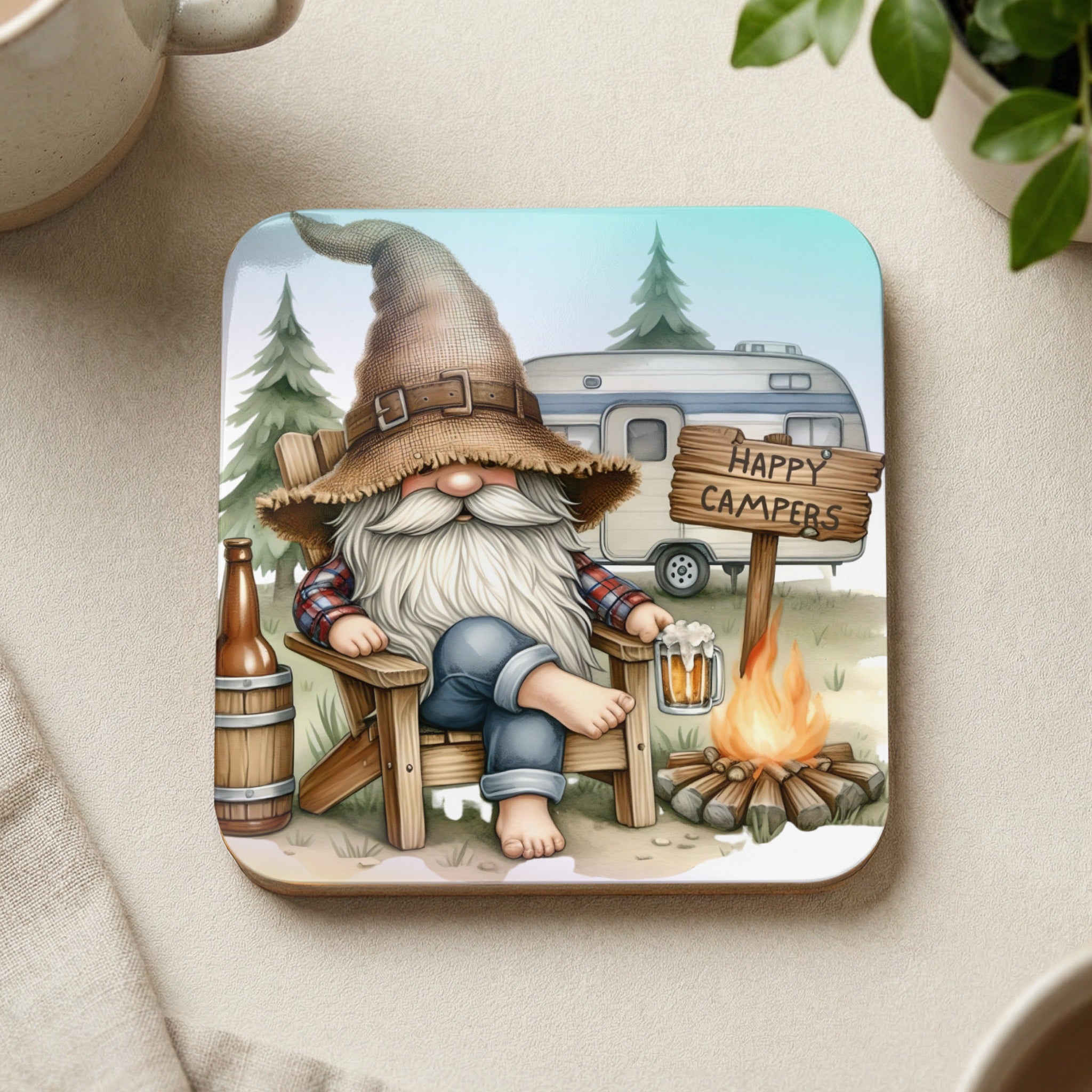 Gnome with beer and campfire by "Happy Campers" sign and RV.