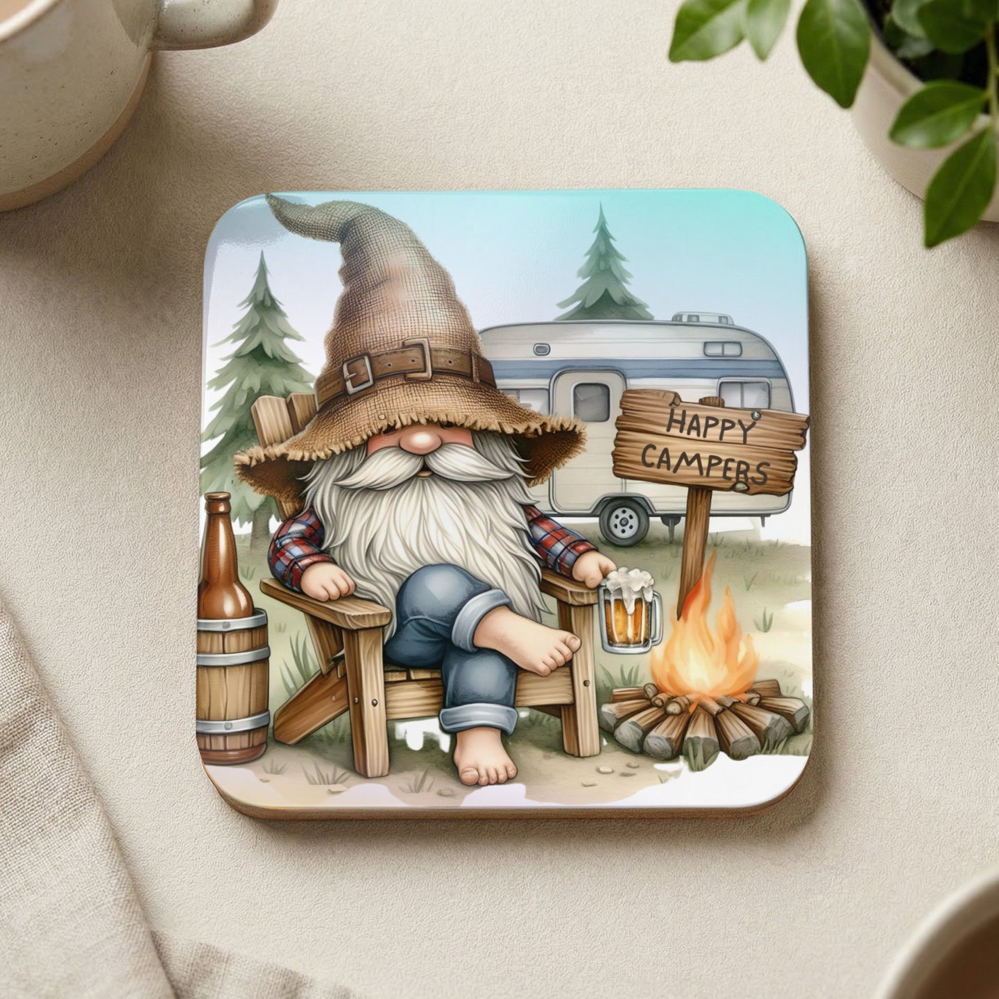 Gnome with beer and campfire by "Happy Campers" sign and RV.
