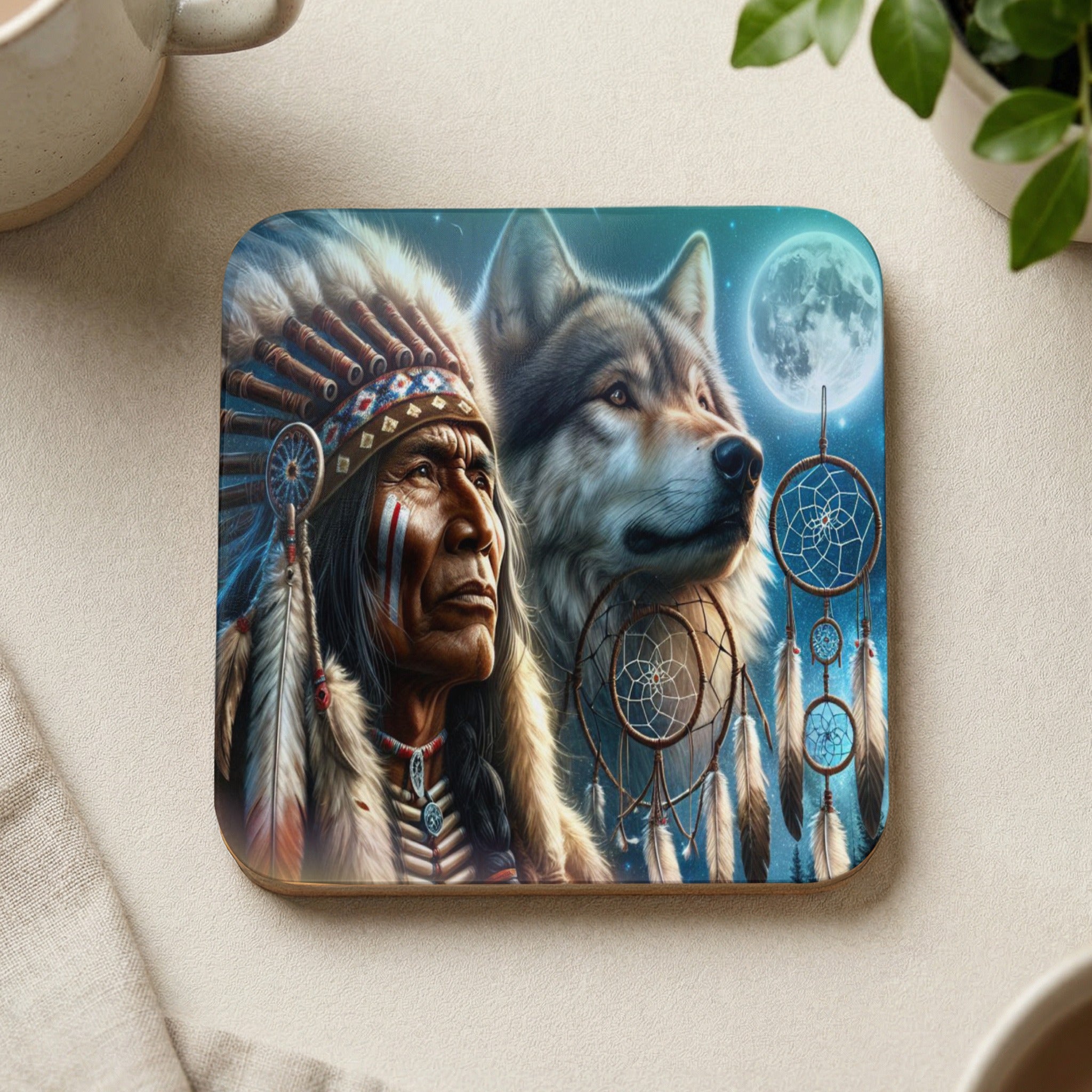 Native American man and wolf in front of a full moon with dreamcatchers.